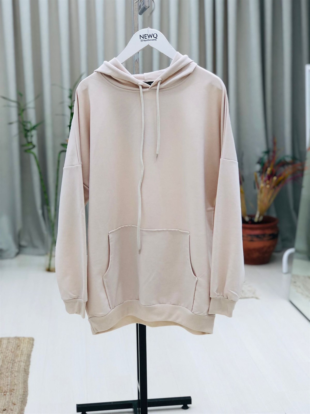 Kanguru Cepli Kapüşonlu Salaş Sweatshirt-Bej