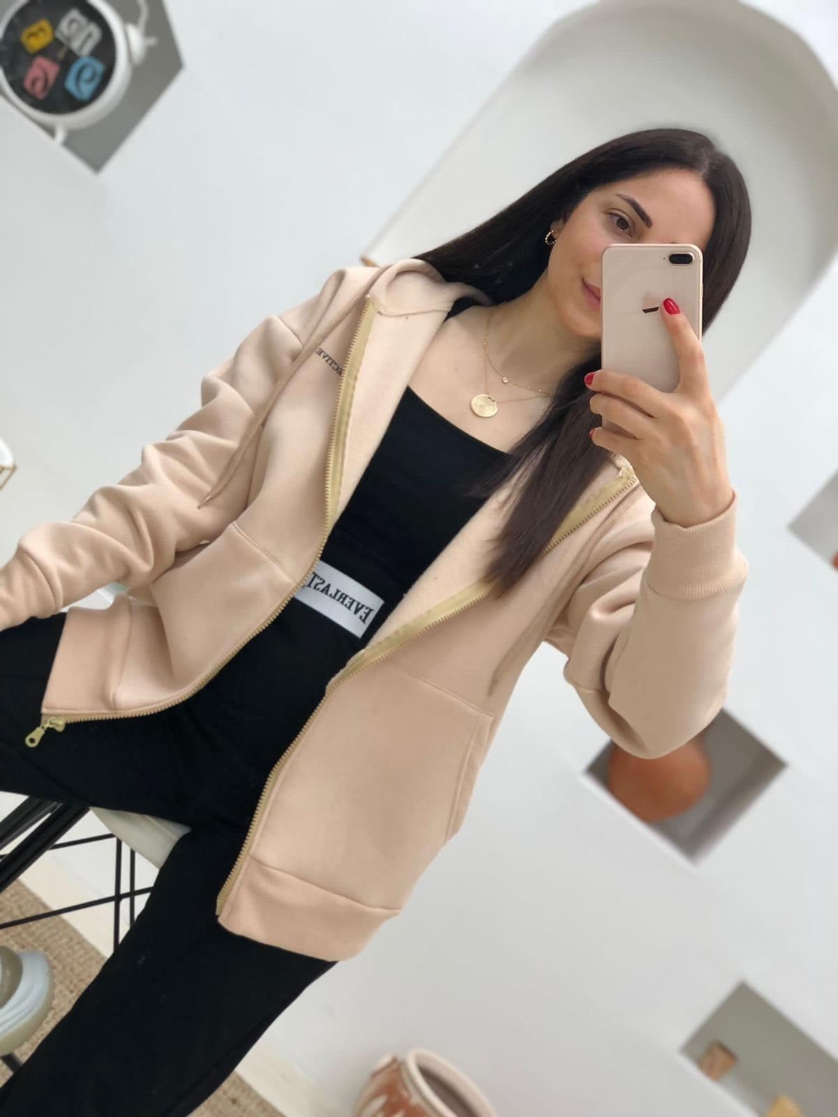 Kapüşonlu Fermuarlı Sırtı Yazılı Kalın Sweatshirt Hırka-Bej