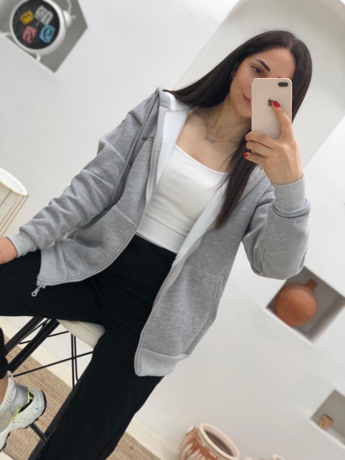 Kapüşonlu Fermuarlı Sırtı Yazılı Kalın Sweatshirt Hırka-Gri