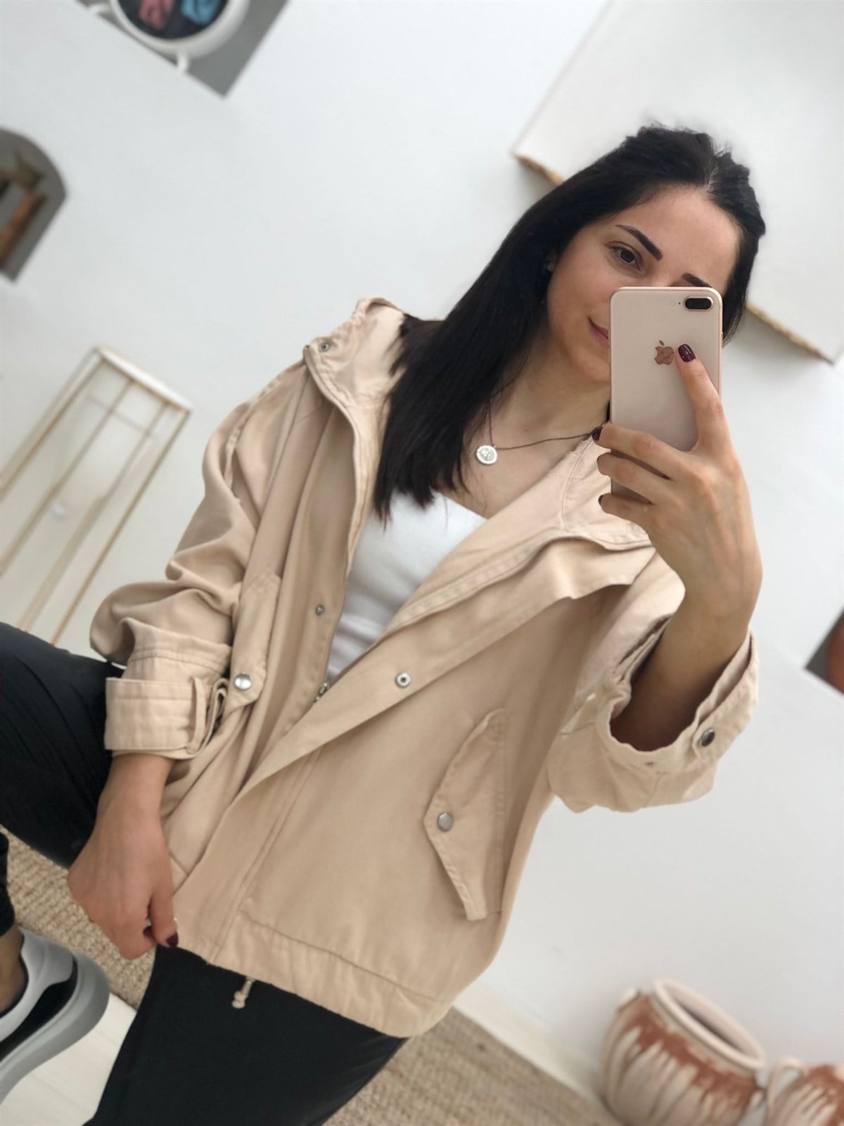 Kapüşonlu Oversize Cepli Mevsimlik Ceket-Bej