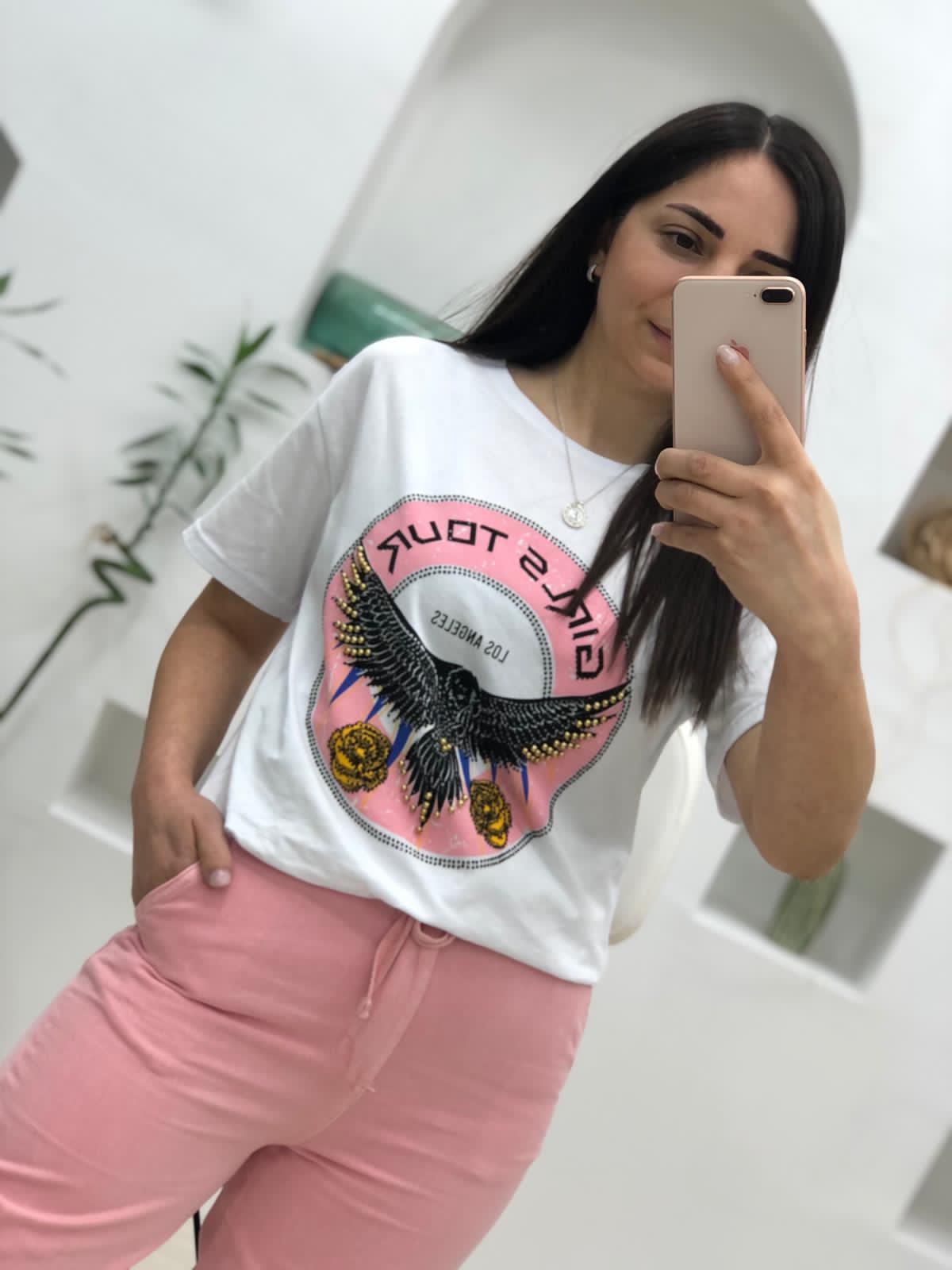 Kartal Baskılı Taşlı Zımbalı Thsirt-Beyaz
