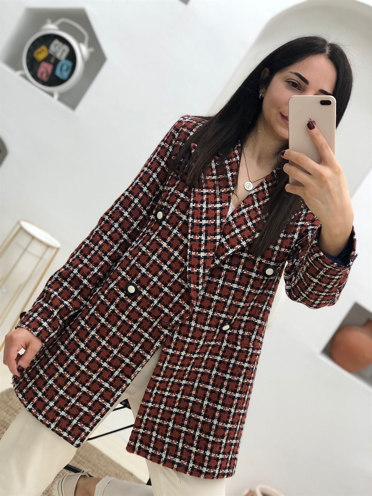 Kaşe Kumaş Omuzları Vatkalı Düğmeli Ceket-Kiremit