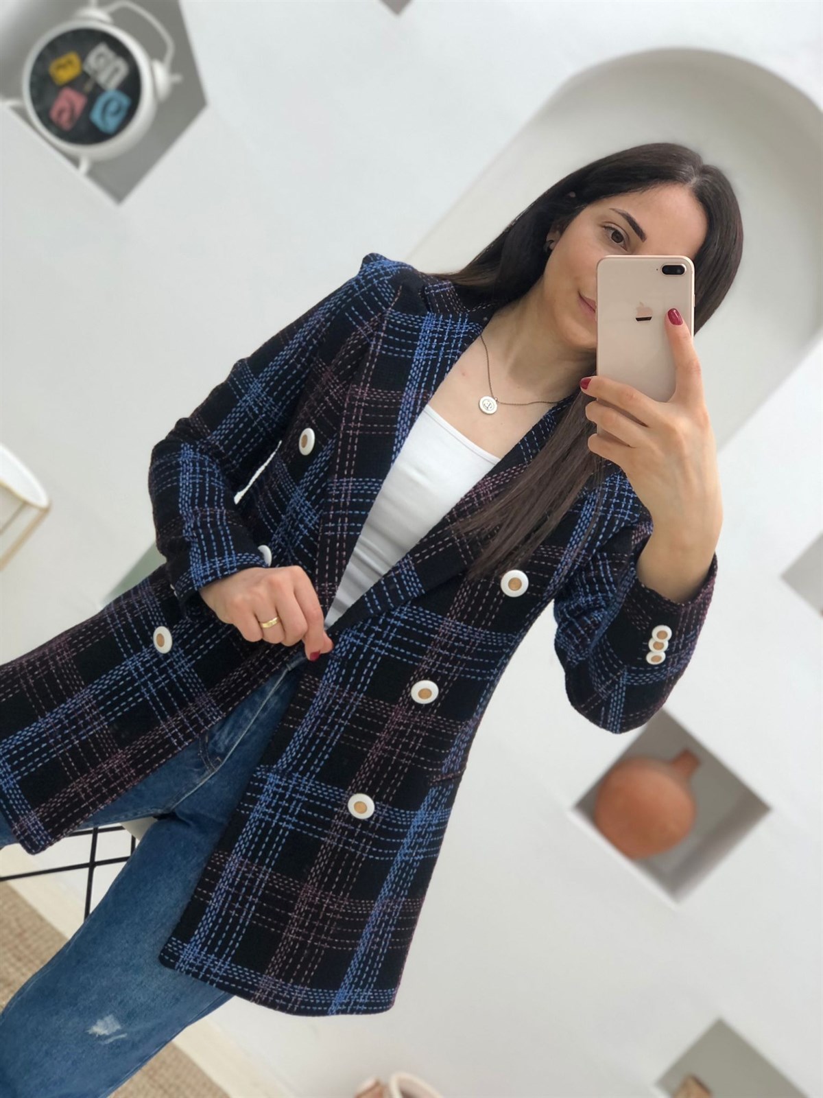 Kaşe Kumaş Vatkalı Düğmeli Ceket-Siyah-Mavi