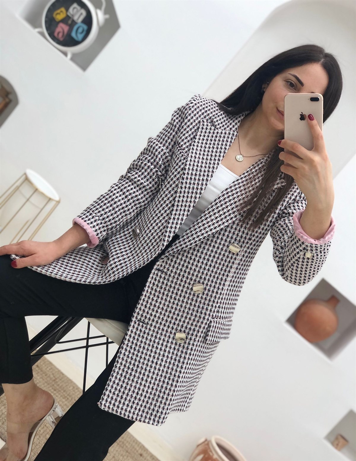 Kazayağı Desen Gümüş Düğmeli Kaşe Vatkalı Ceket-Pembe