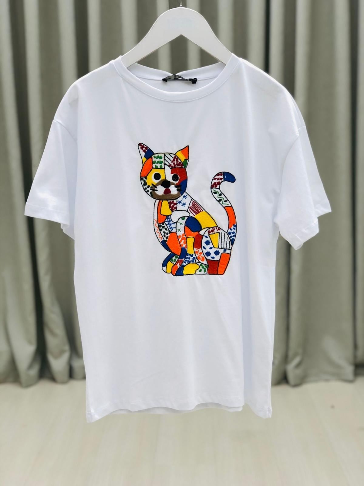 Kedi Nakışlı Salaş Thsirt-Beyaz