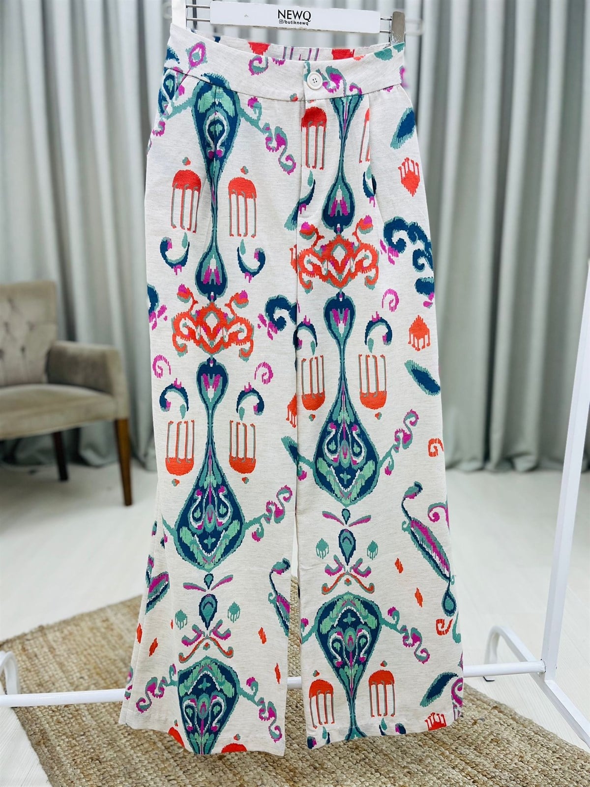 Keten Bol Paça Desenli Pantolon-Mint