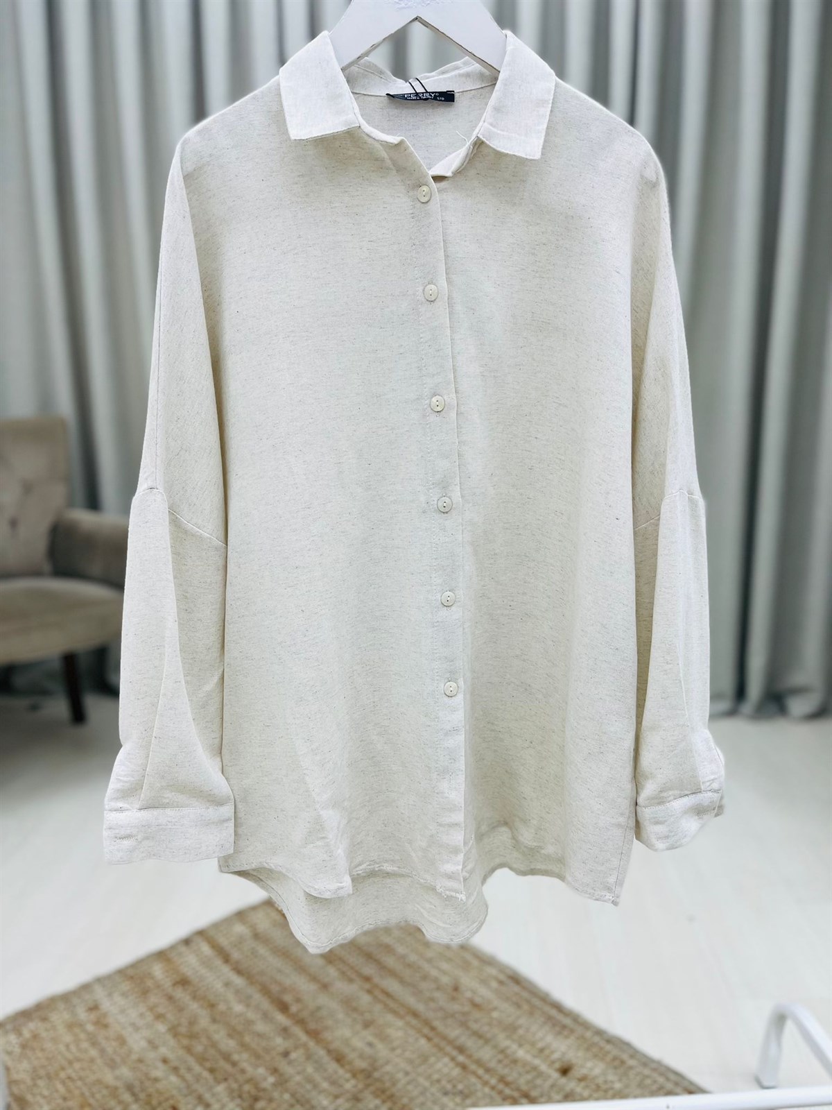 Keten Kumaş Salaş Oversize Gömlek-Bej