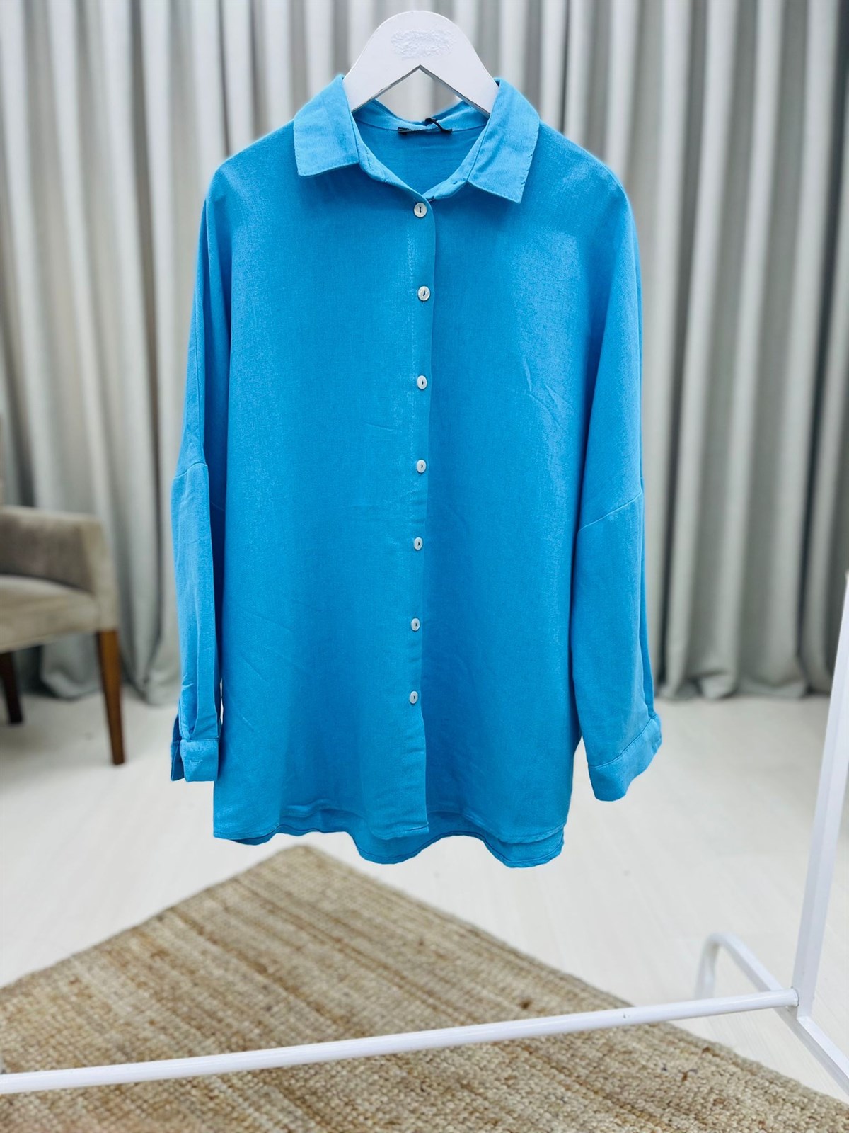 Keten Kumaş Salaş Oversize Gömlek-Mavi