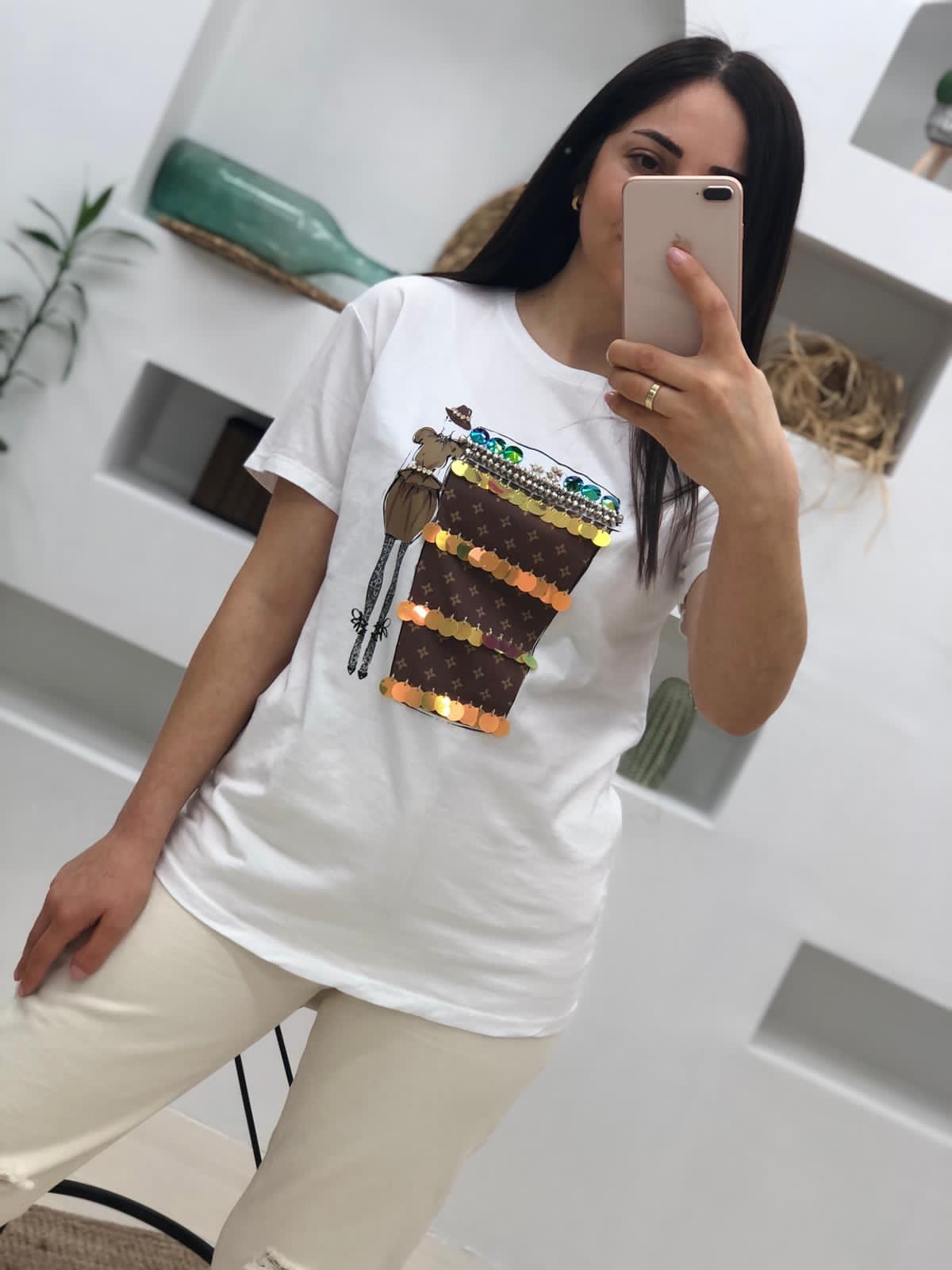 Kıs Baskılı Pullu Thsirt-Beyaz