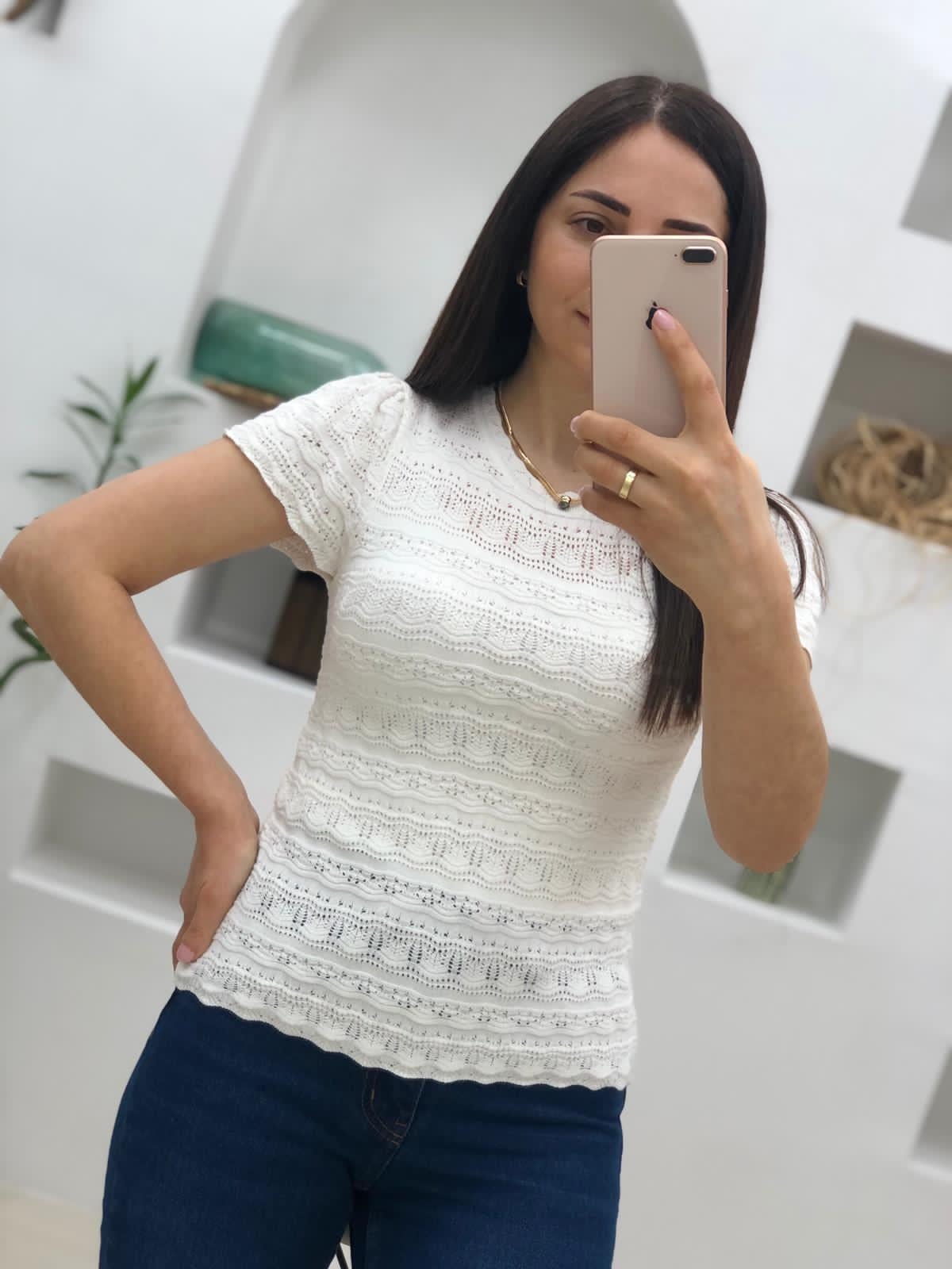 Kısa Kollu Ajurlu Triko-Ekru