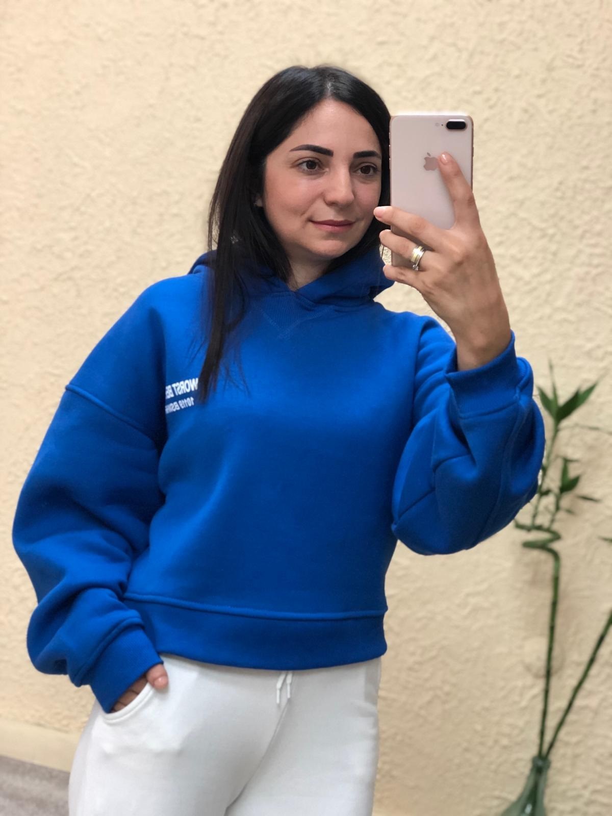 Kısa Sırtı Baskılı Kapüşonlu Sweat-Saks
