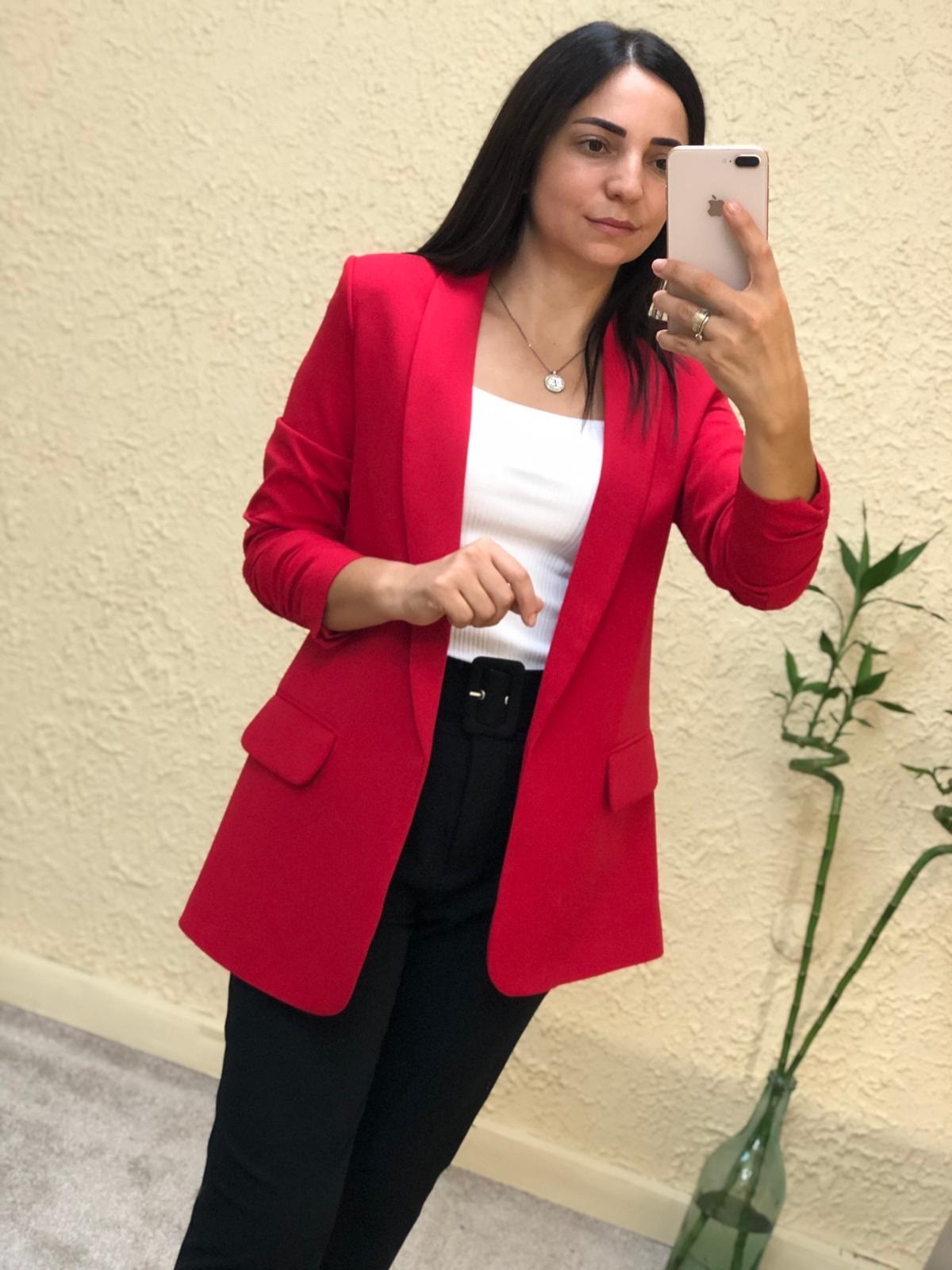 Kolları Büzgülü Vatkalı Ceket-Kırmızı