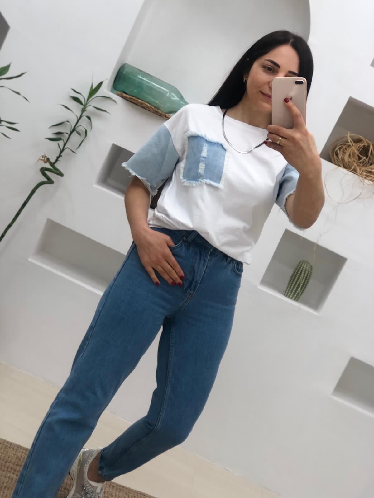 Kolları ve Cep Kısmı Denim Detaylı Thsirt-Beyaz
