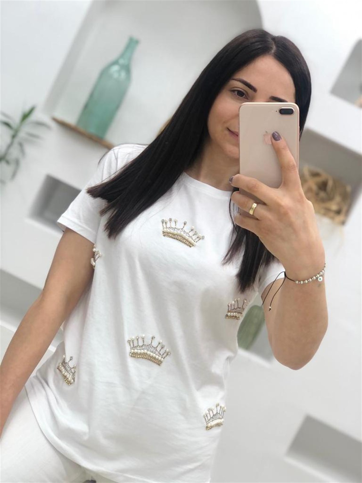 Kral Taçlı Taşlı Thsirt-5501-Beyaz