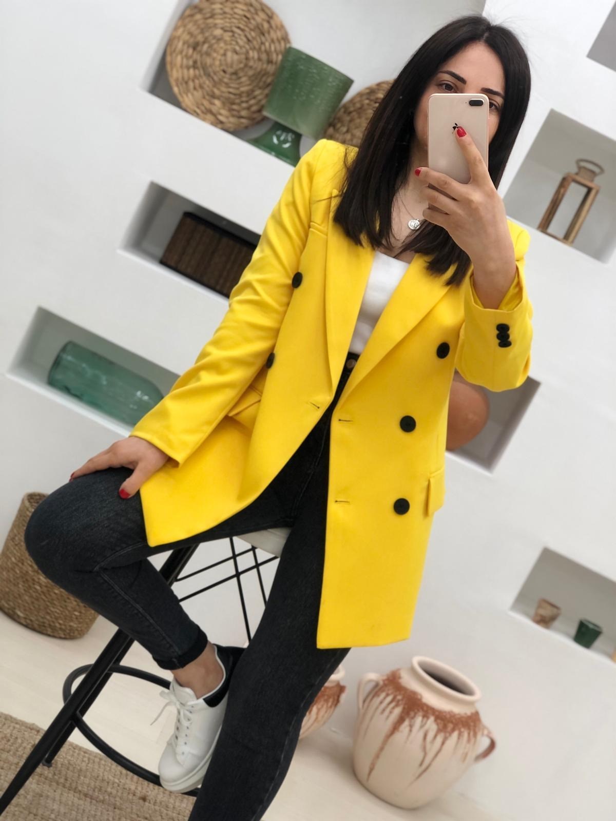 Kruvaze Yaka Düğmeli Ceket-Sarı