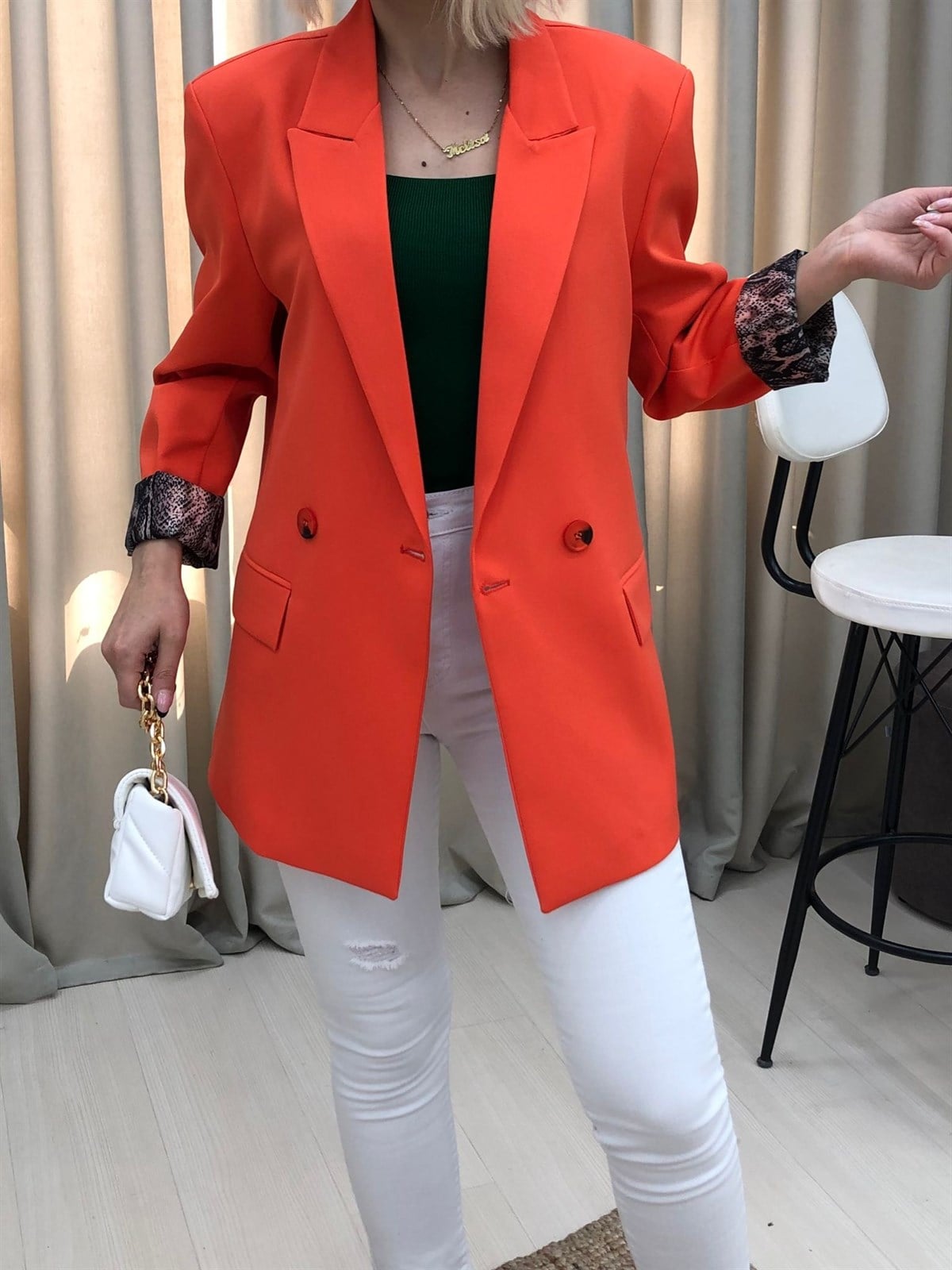 Kruvaze Yaka Leopar Astar Desenli Düğmeli Ceket-Oranj