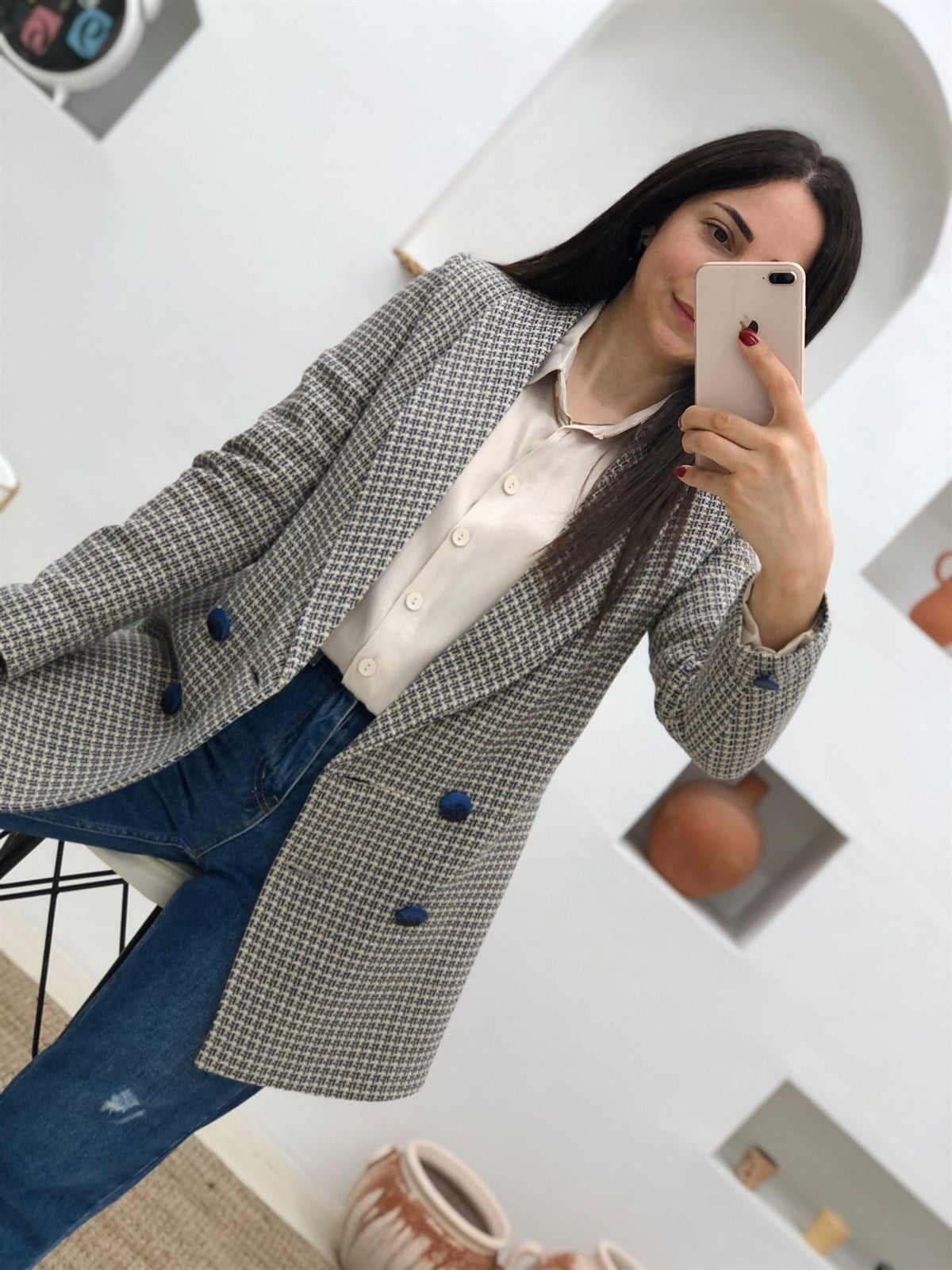 Lacivert Desenli Vatkalı Kaşe Kumaş Ceket-Bej