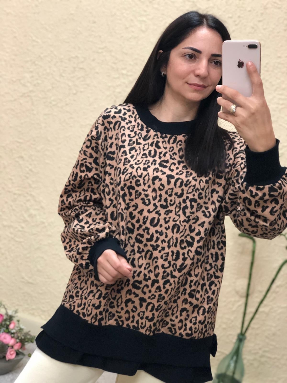 Leopar Desen Alt Kısmı Thsirt Eklemeli Sweat