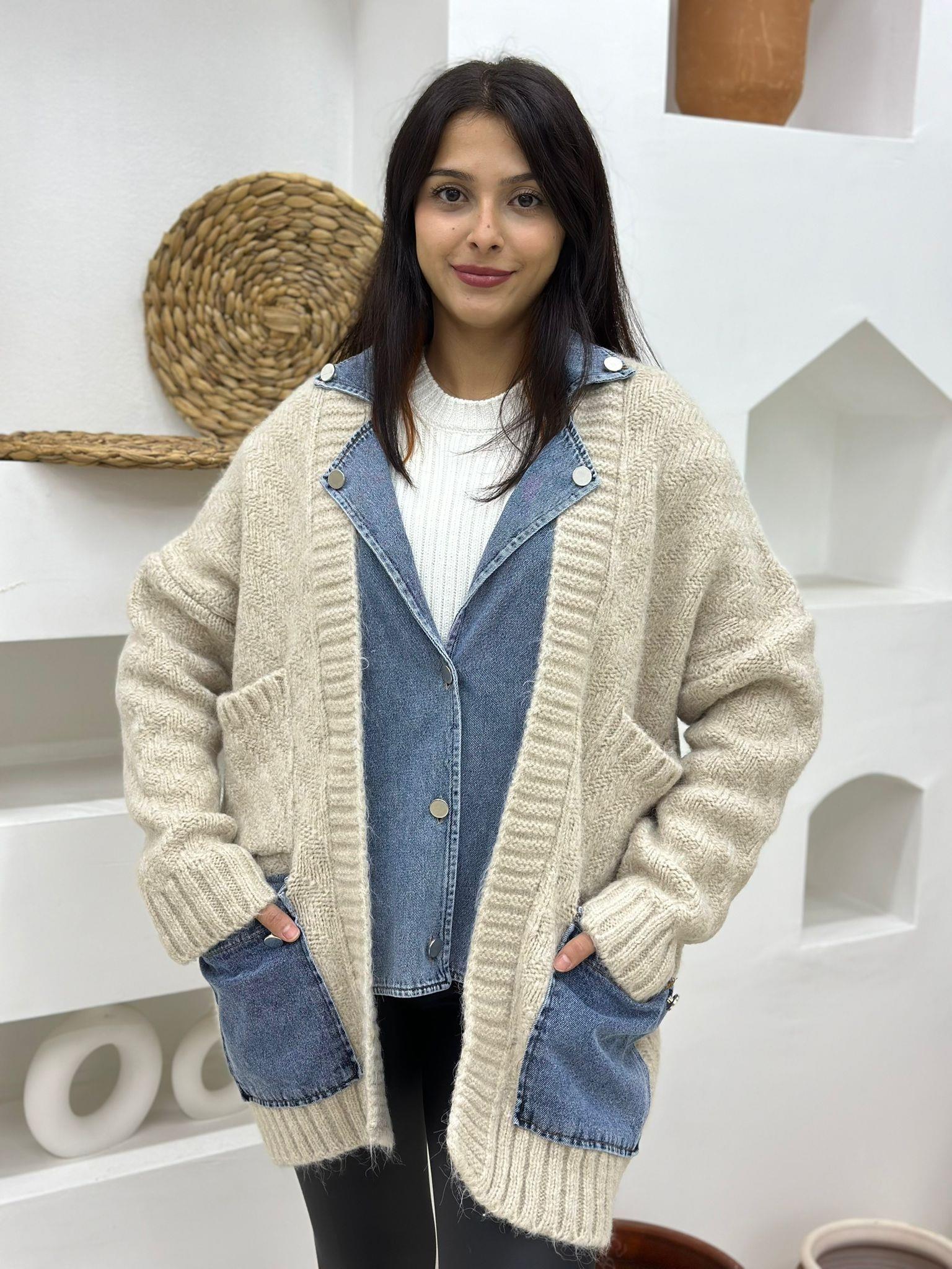 Önleri Cepli Denim Detaylı Triko Mont Ceket-Bej