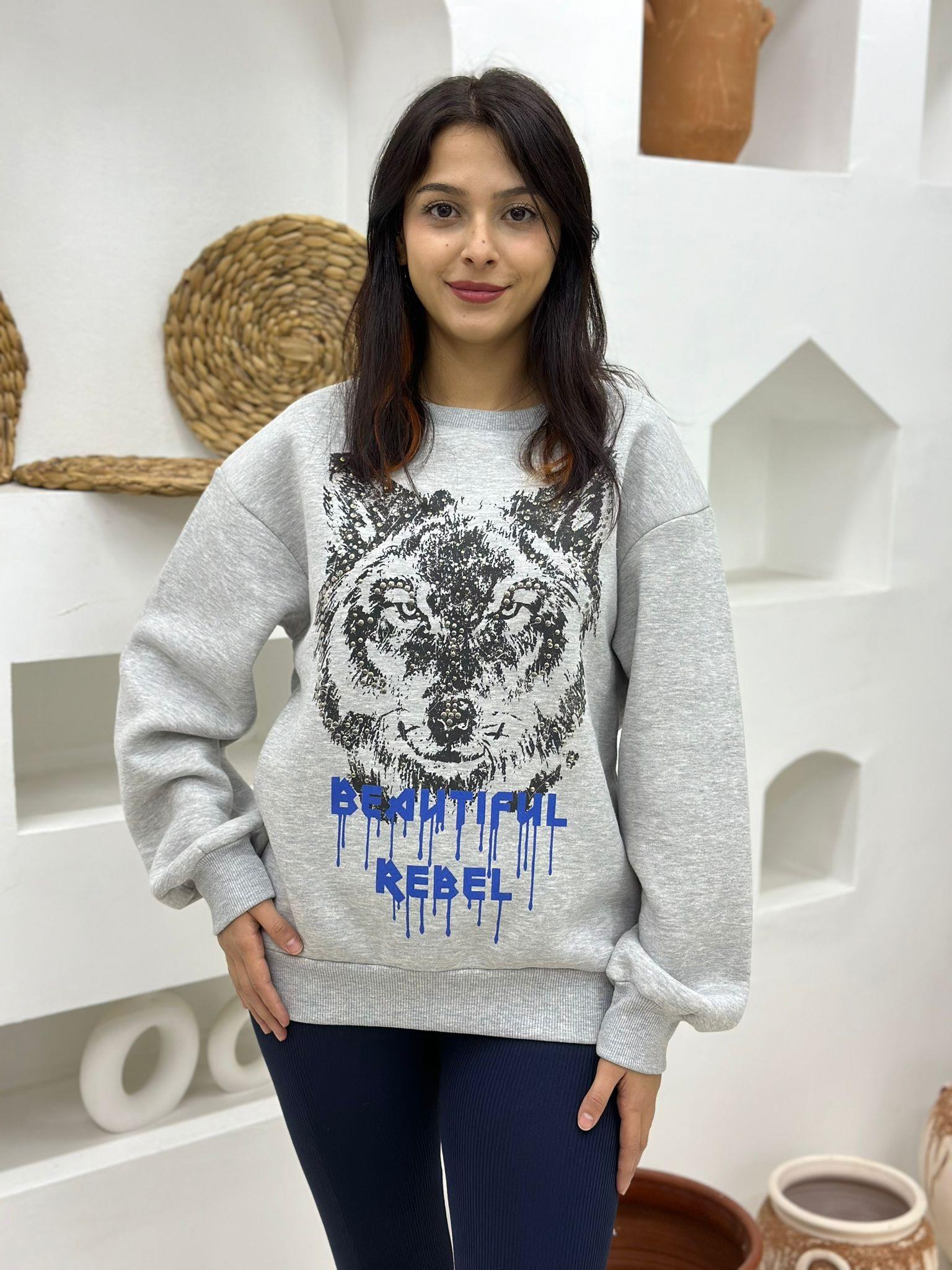 Önü Desenli Baskılı Sırtı Fermuarlı İçi Şardonlu Üç iplik Sweatshirt-Gri