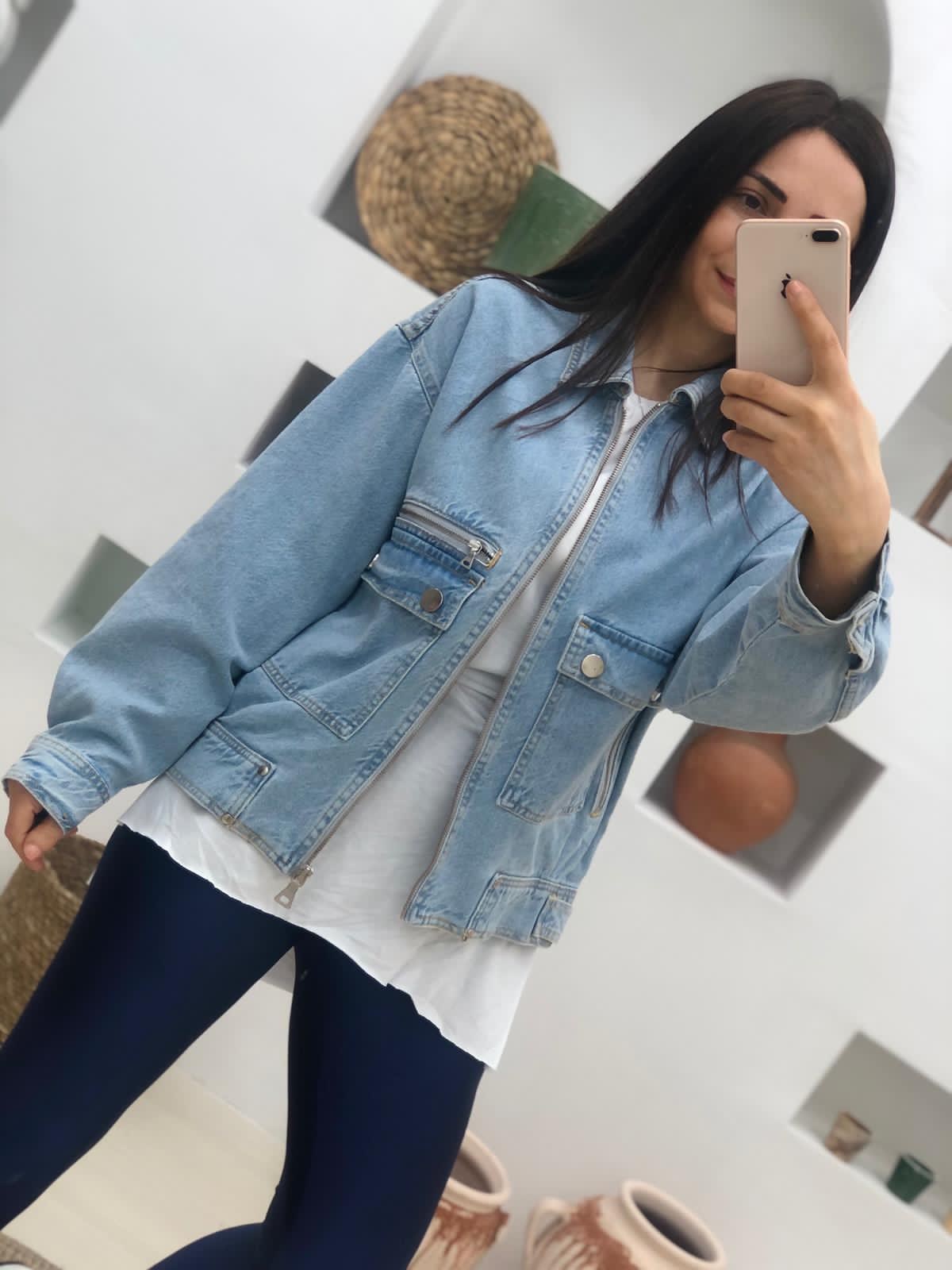 Önü Fermuarlı Denim Ceket-BuzMavi