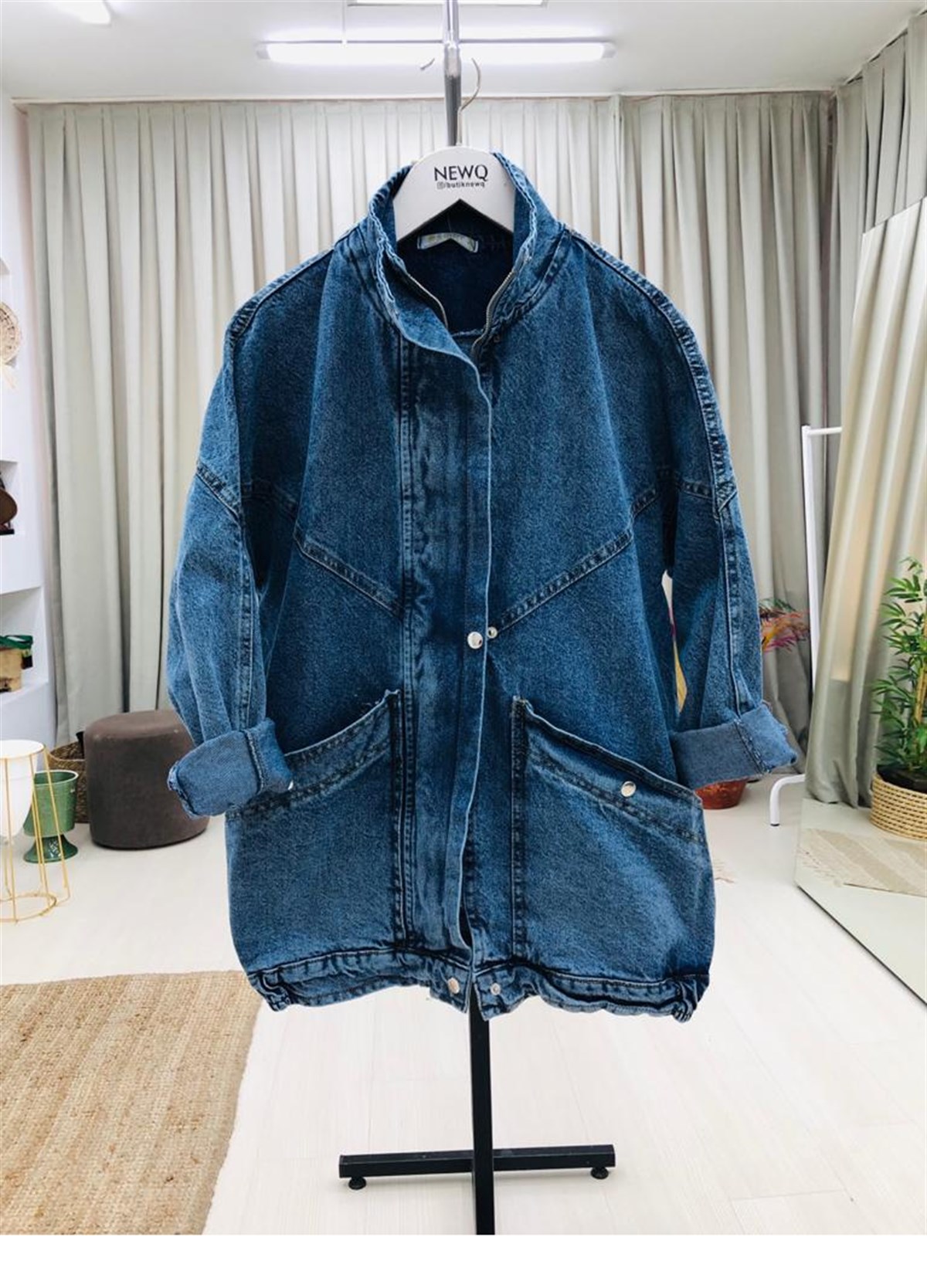 Önü Fermuarlı Hakim Yaka Salaş Denim Ceket-Mavi