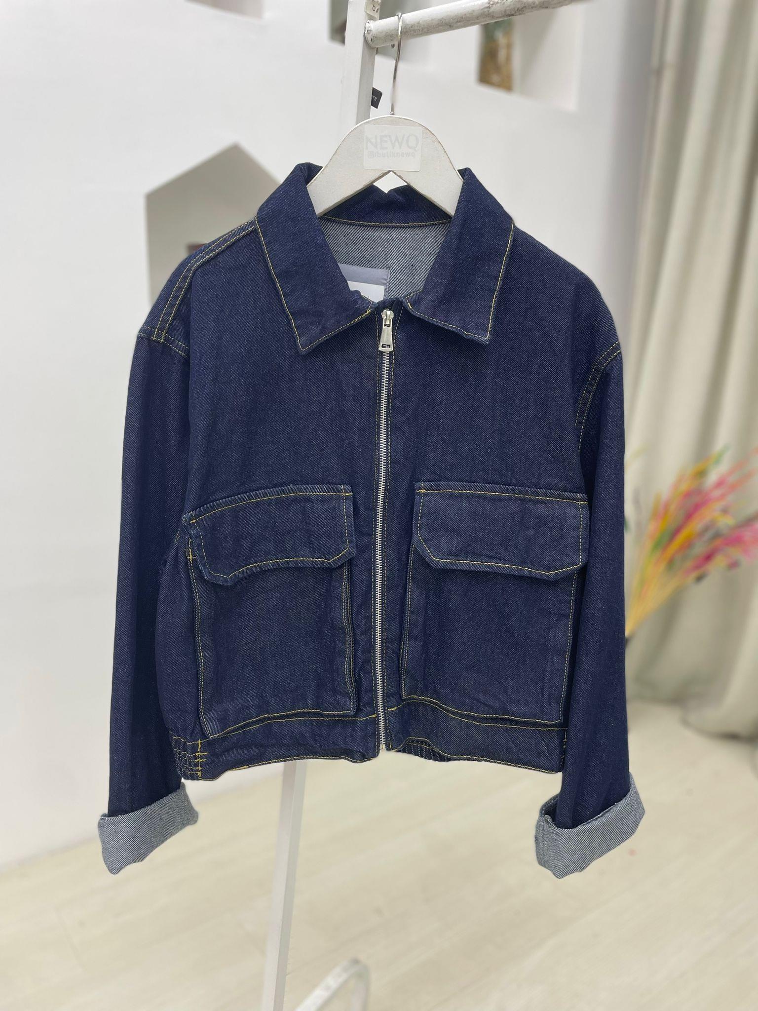 Önü Fermuarlı Yakalı Denim Ceket-Lacivert