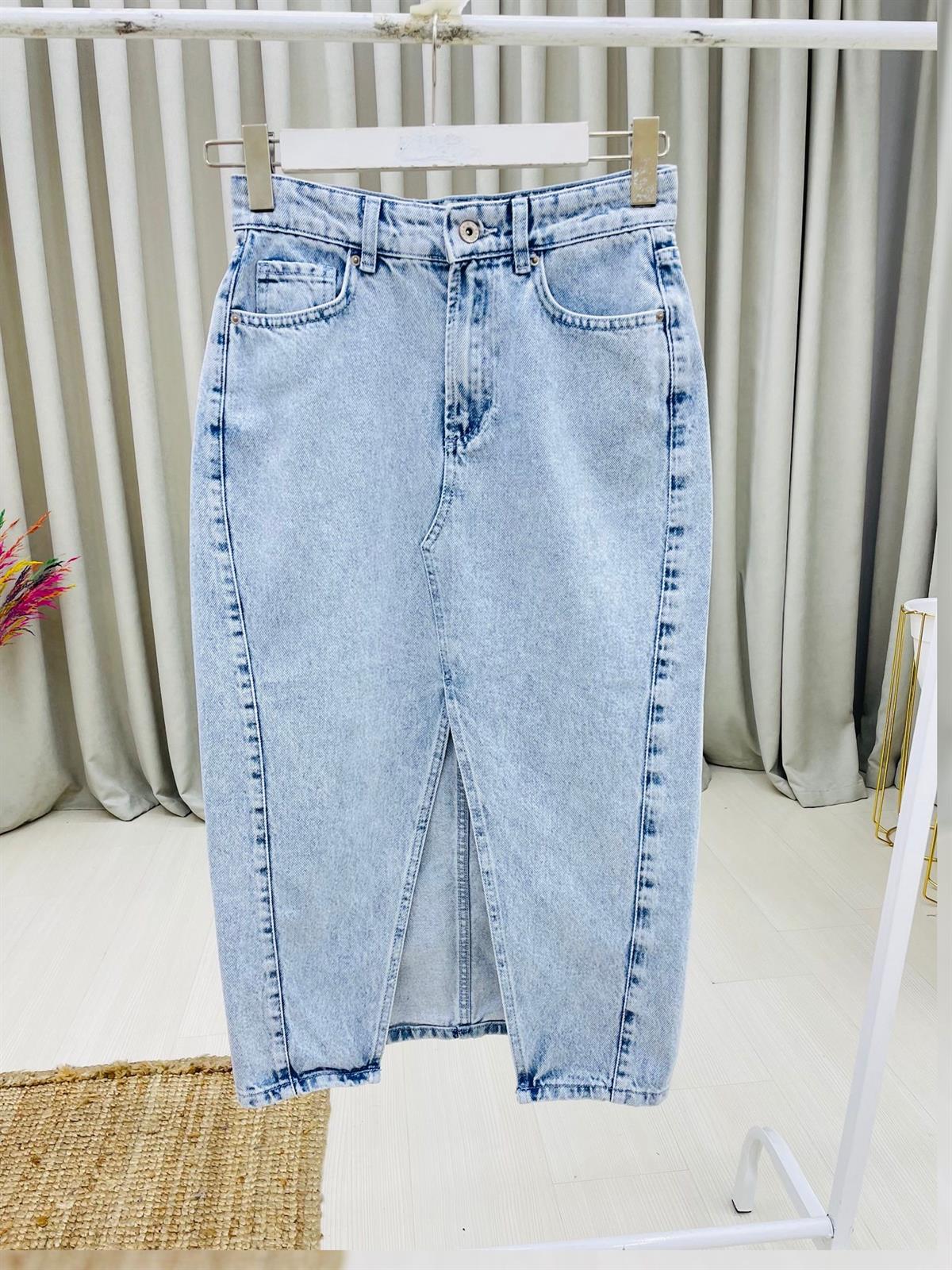 Önü Yırtmaçlı Uzun Kalem Denim Etek-Buz Mavi