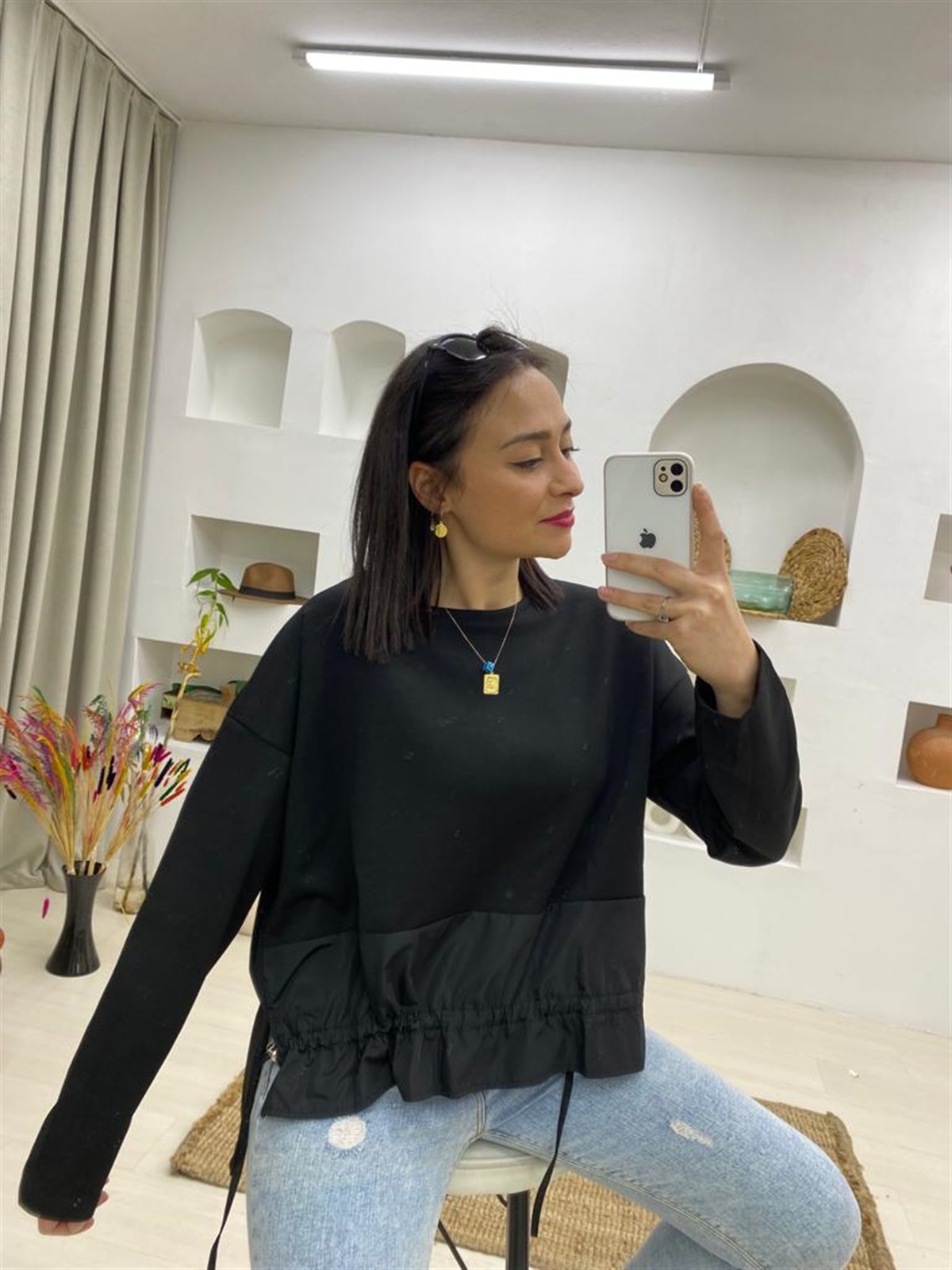 Oversize Salaş Altı İpli Sweatshirt-Siyah