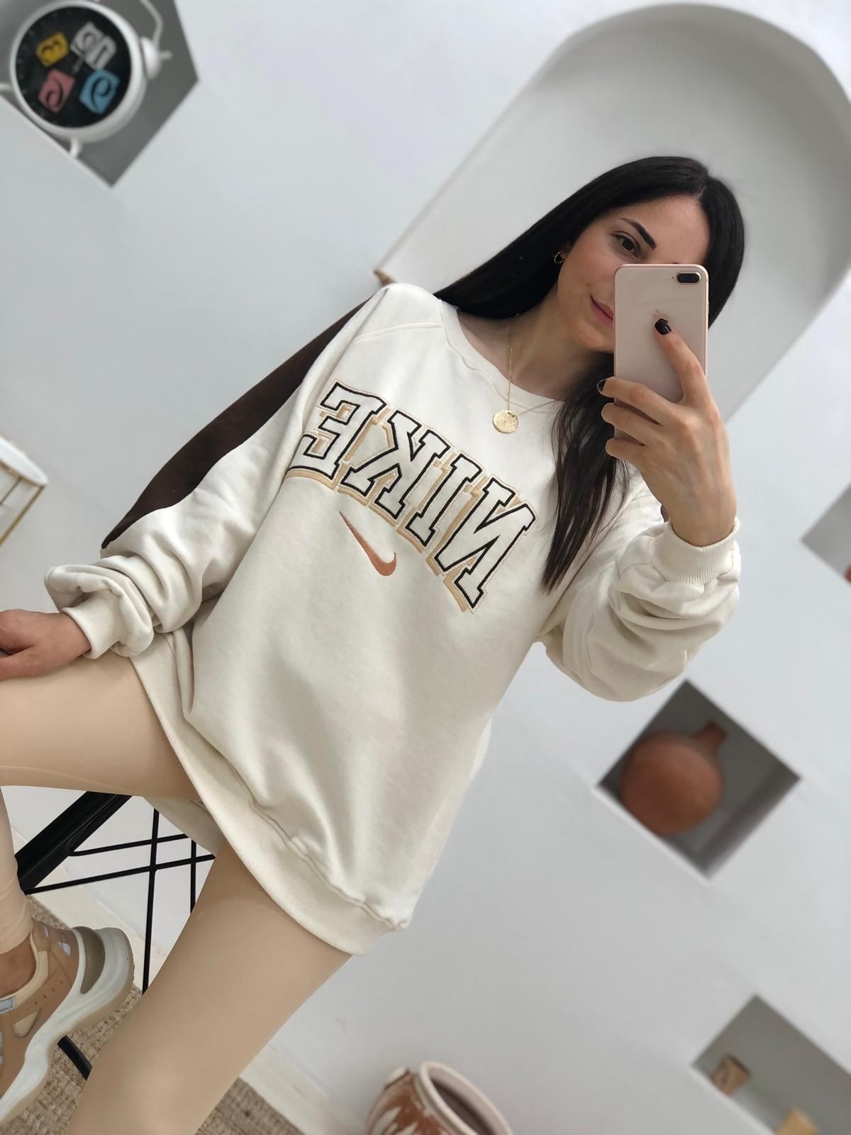 Oversize Salaş İki Renkli Sweatshşrt-Bej-Kahve