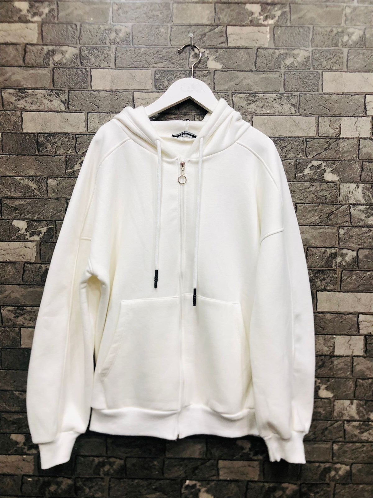 Oversize Salaş Uzun Kapüşonlu İçi Kalın Fermuarlı Sweatshirt-Ekru