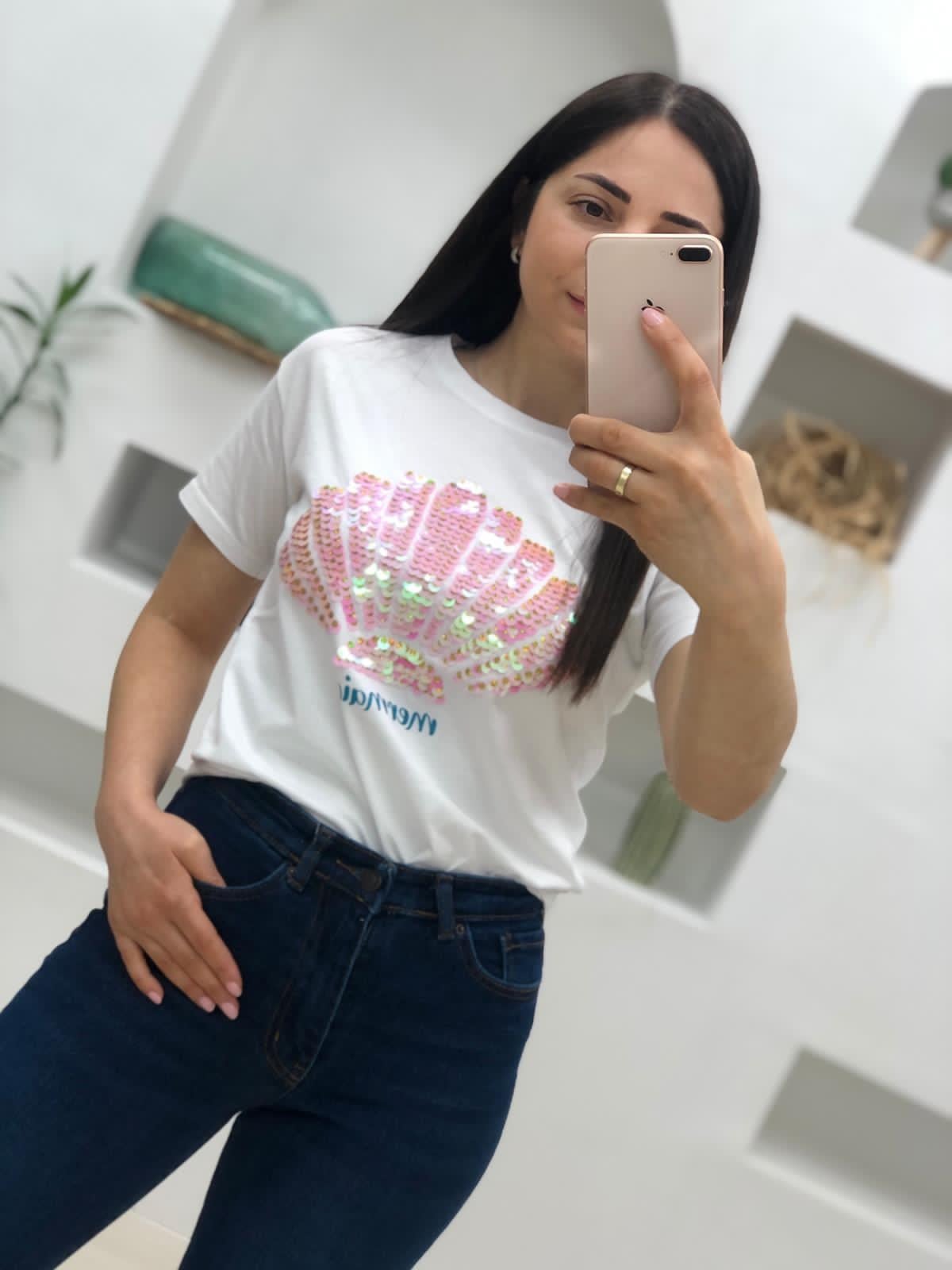 Pembe Pullu Thsirt-Beyaz