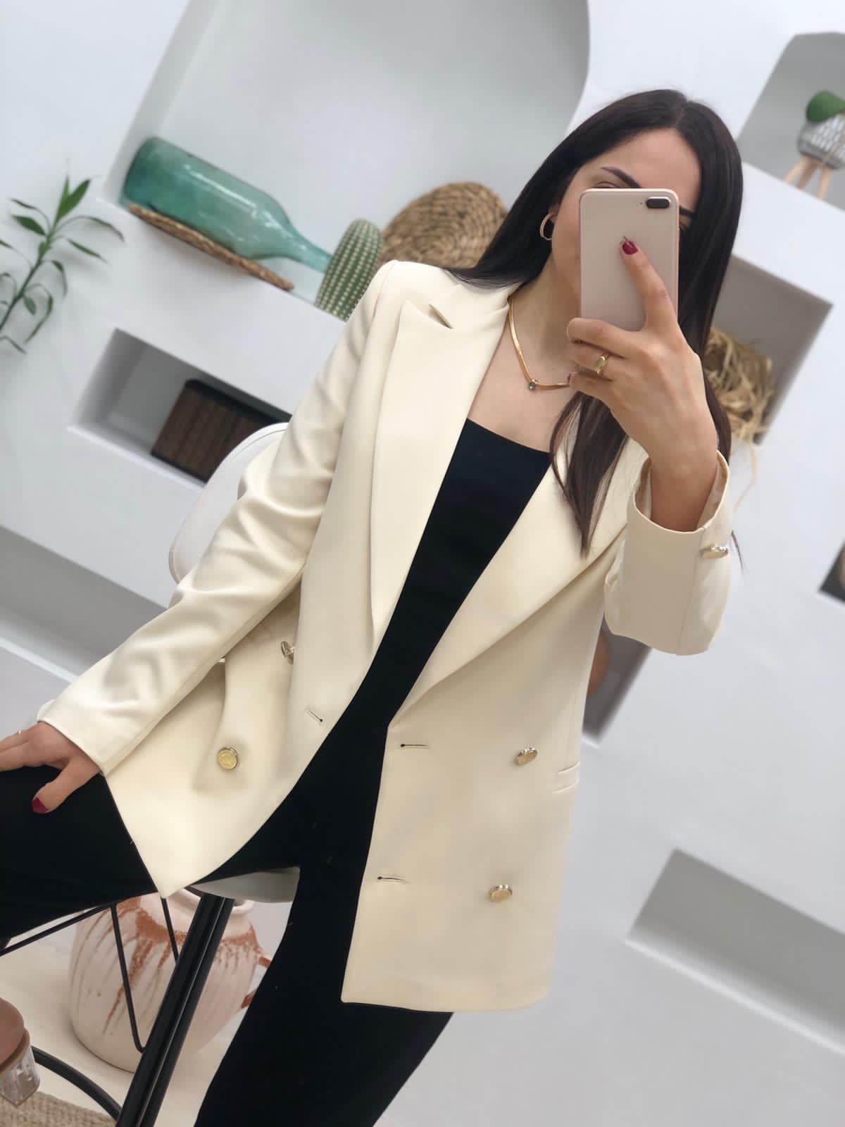 Sarı Düğmeli Ara Boy Ceket-Bej