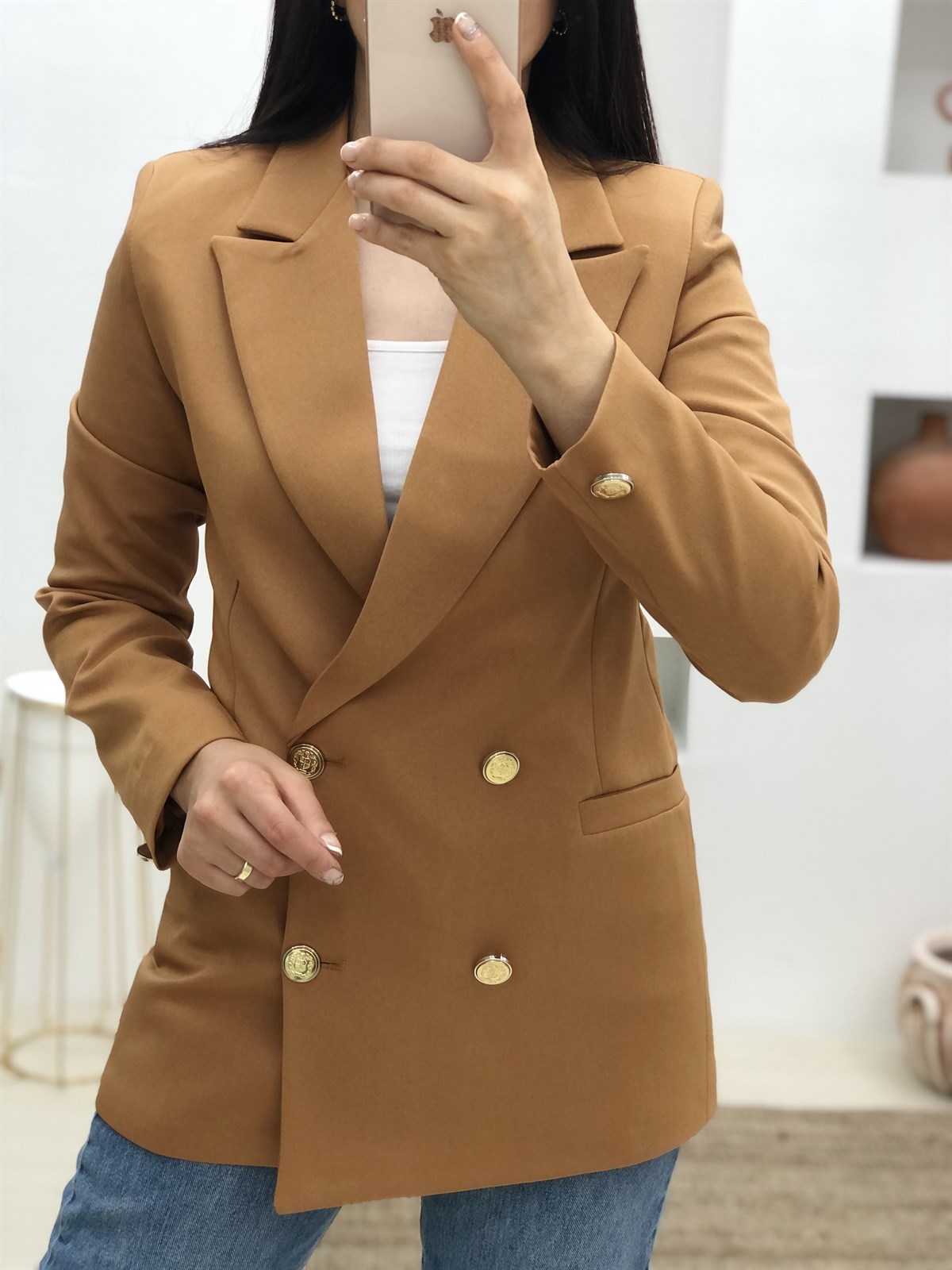 Sarı Düğmeli Ara Boy Ceket-Camel