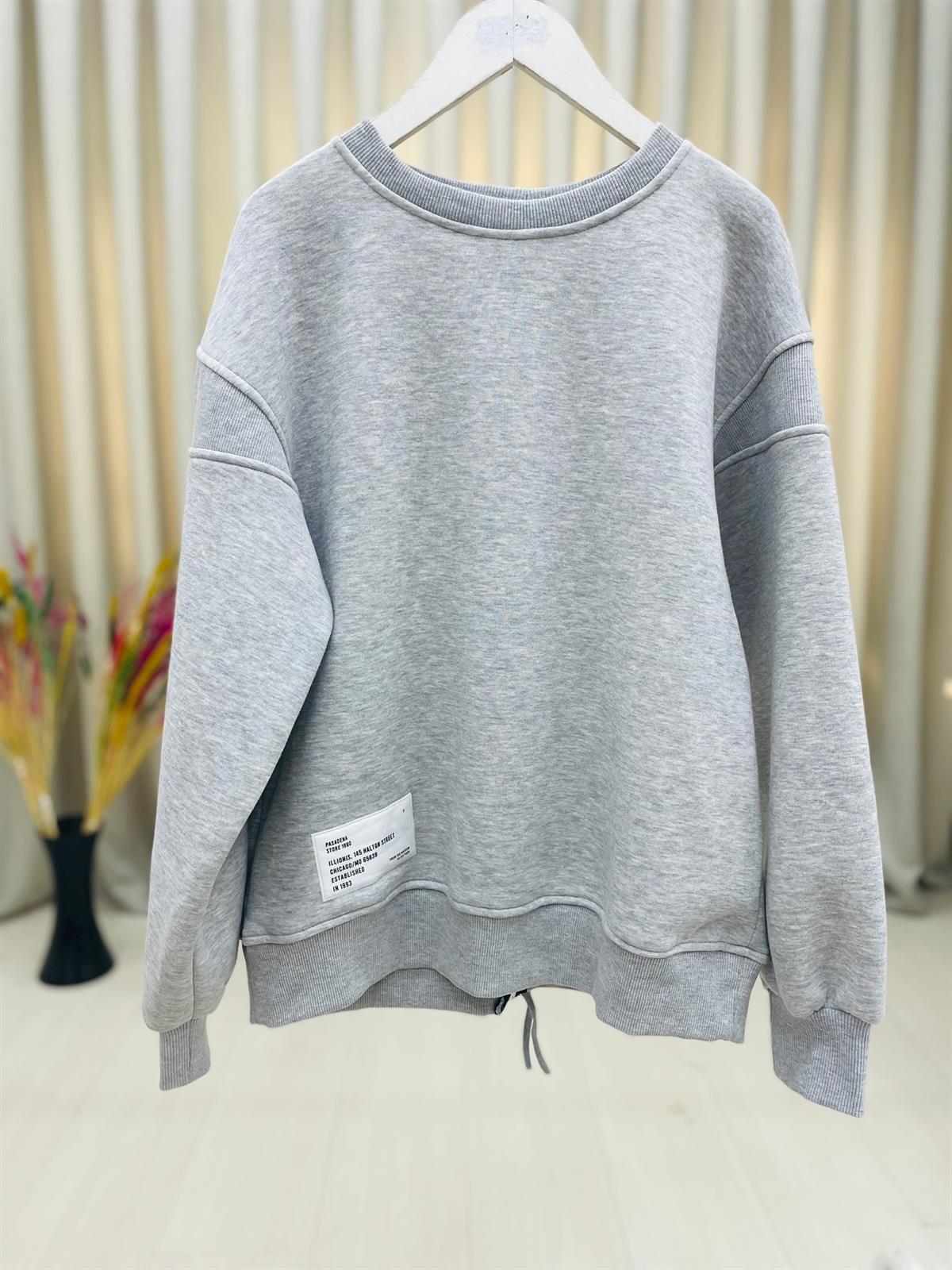 Sırtı Fermuar Detaylı Oversize İçi Şardonlu Sweatshirt-Gri