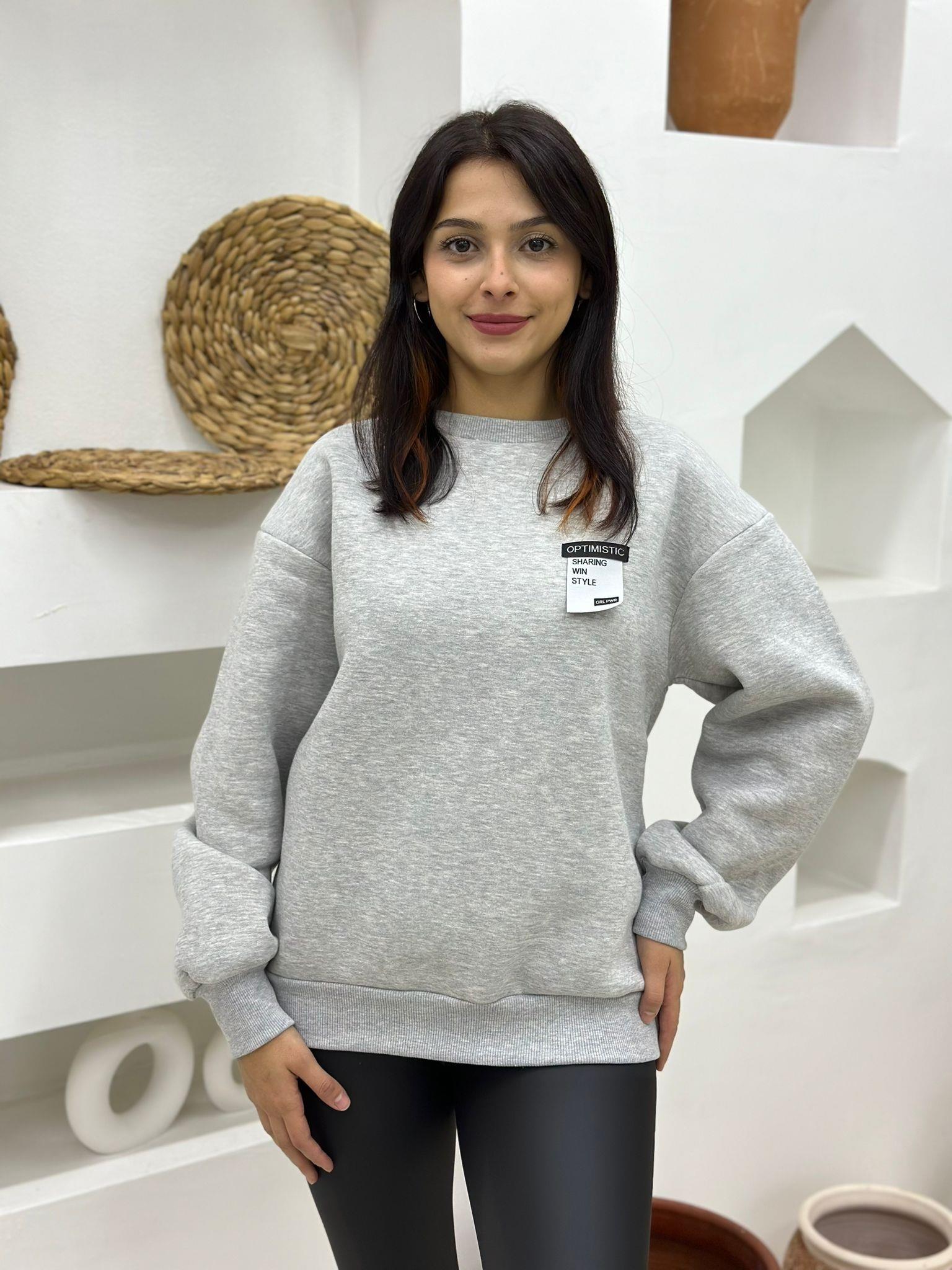 Sırtı Fermuarlı Ve Yazı Baskılı Üç İplik İçi Şardonlu Oversize Sweatshirt-Gri