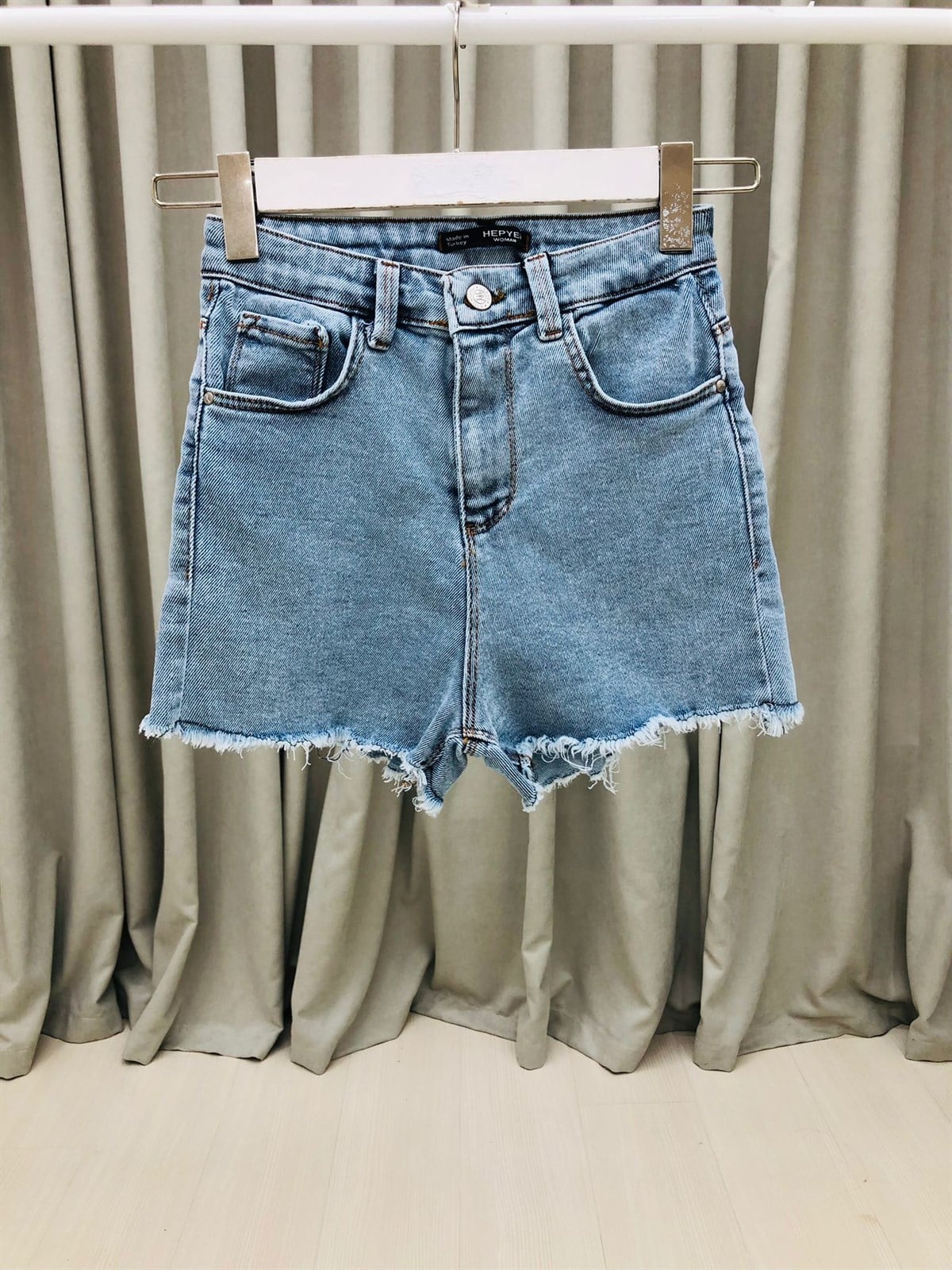 Şort Etek Ucu Püsküllü Yüksek Bel Denim Şort-BuzMavi