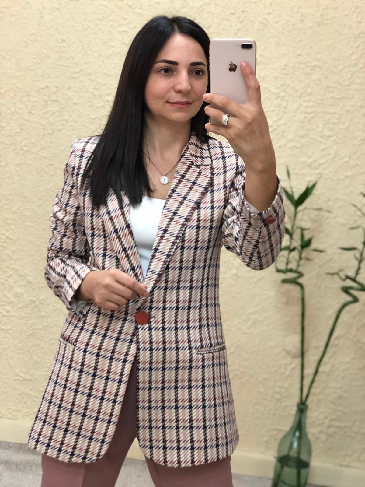 Tek Düğmeli Desenli Ceket-Lila