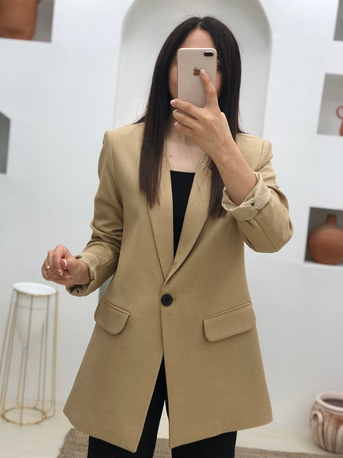 Tek Düğmeli Vatkalı Astarlı Ceket-Karamel