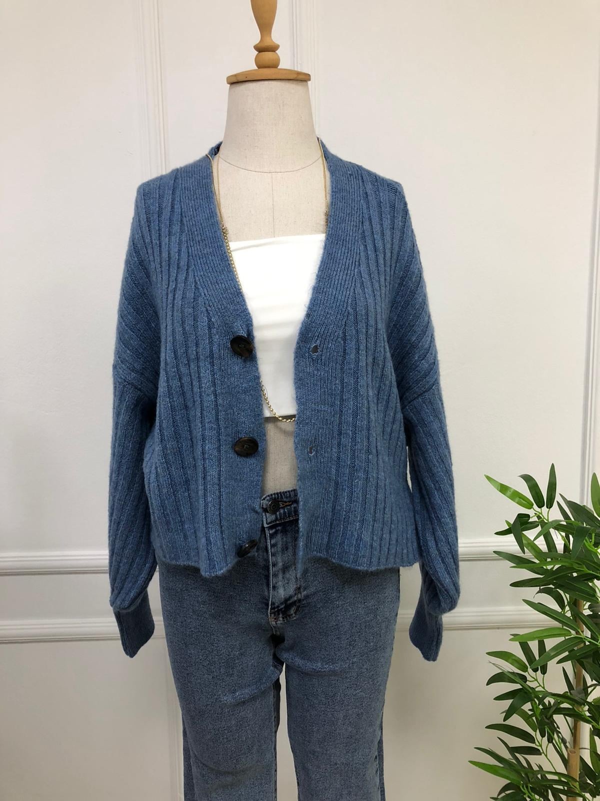 Üç Düğmeli Kalın Hırka-Mavi