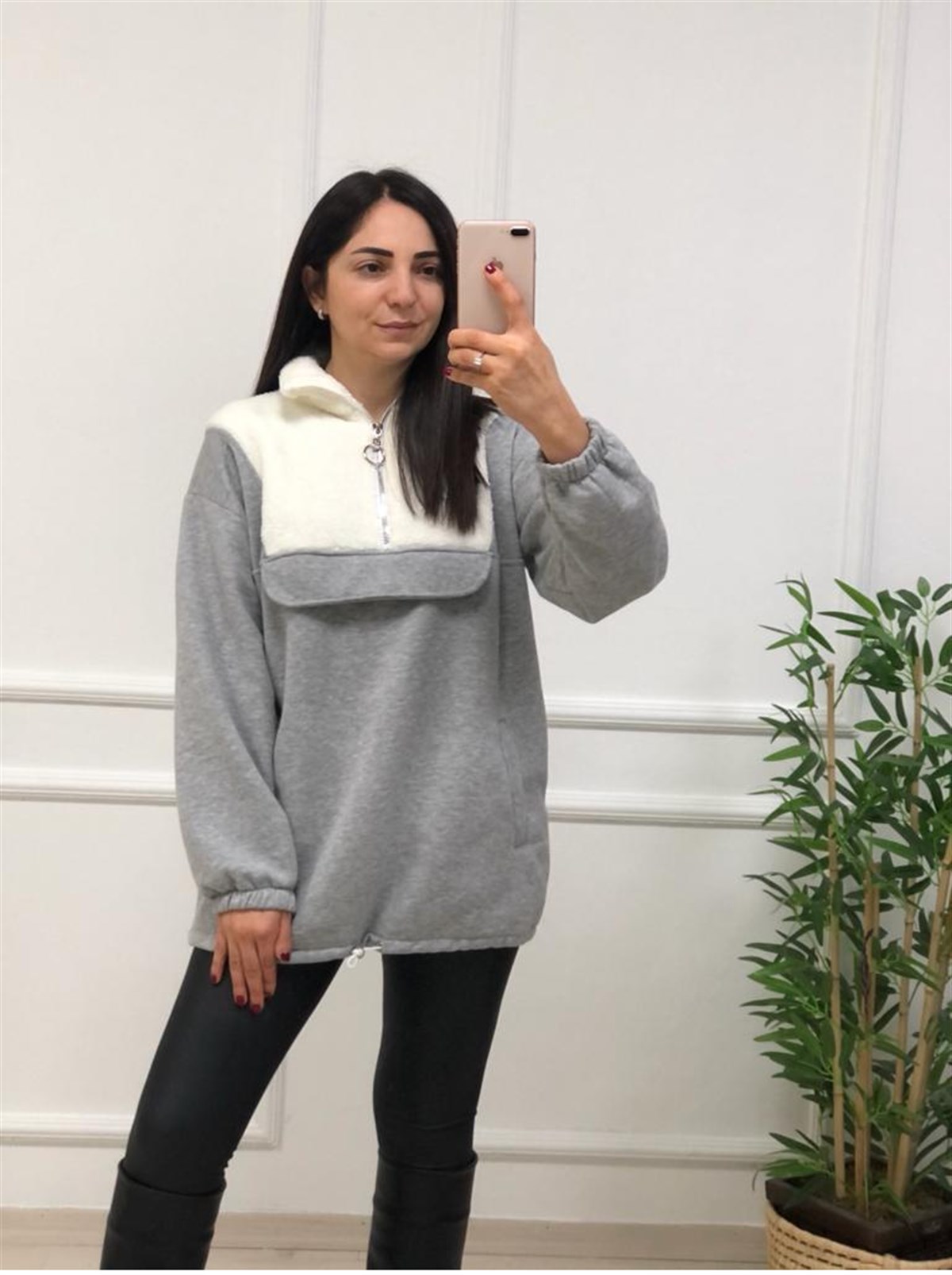 Üstü Peluş Yakası Fermuarlı Sweat-Gri