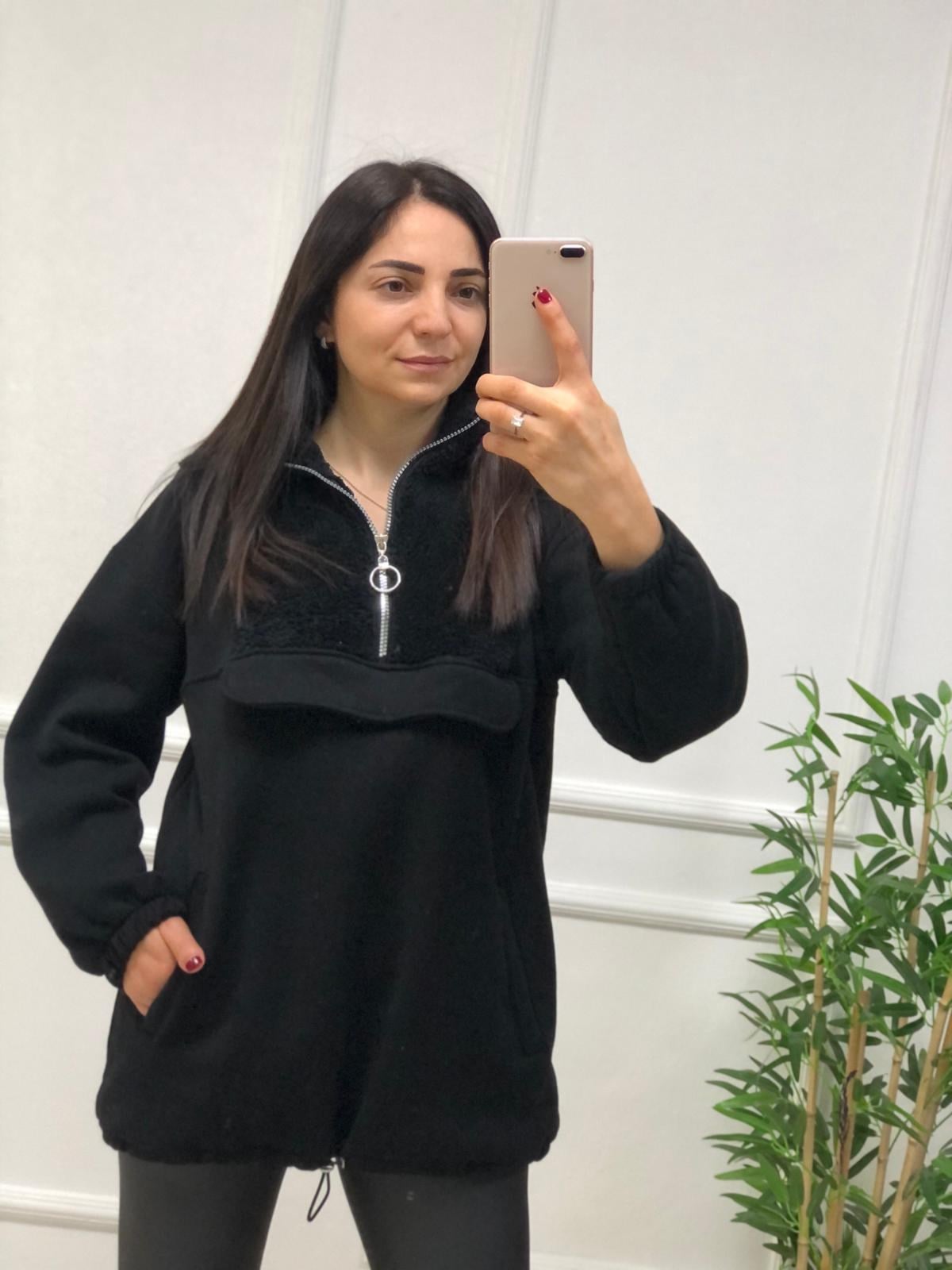 Üstü Peluş Yakası Fermuarlı Sweat-Siyah