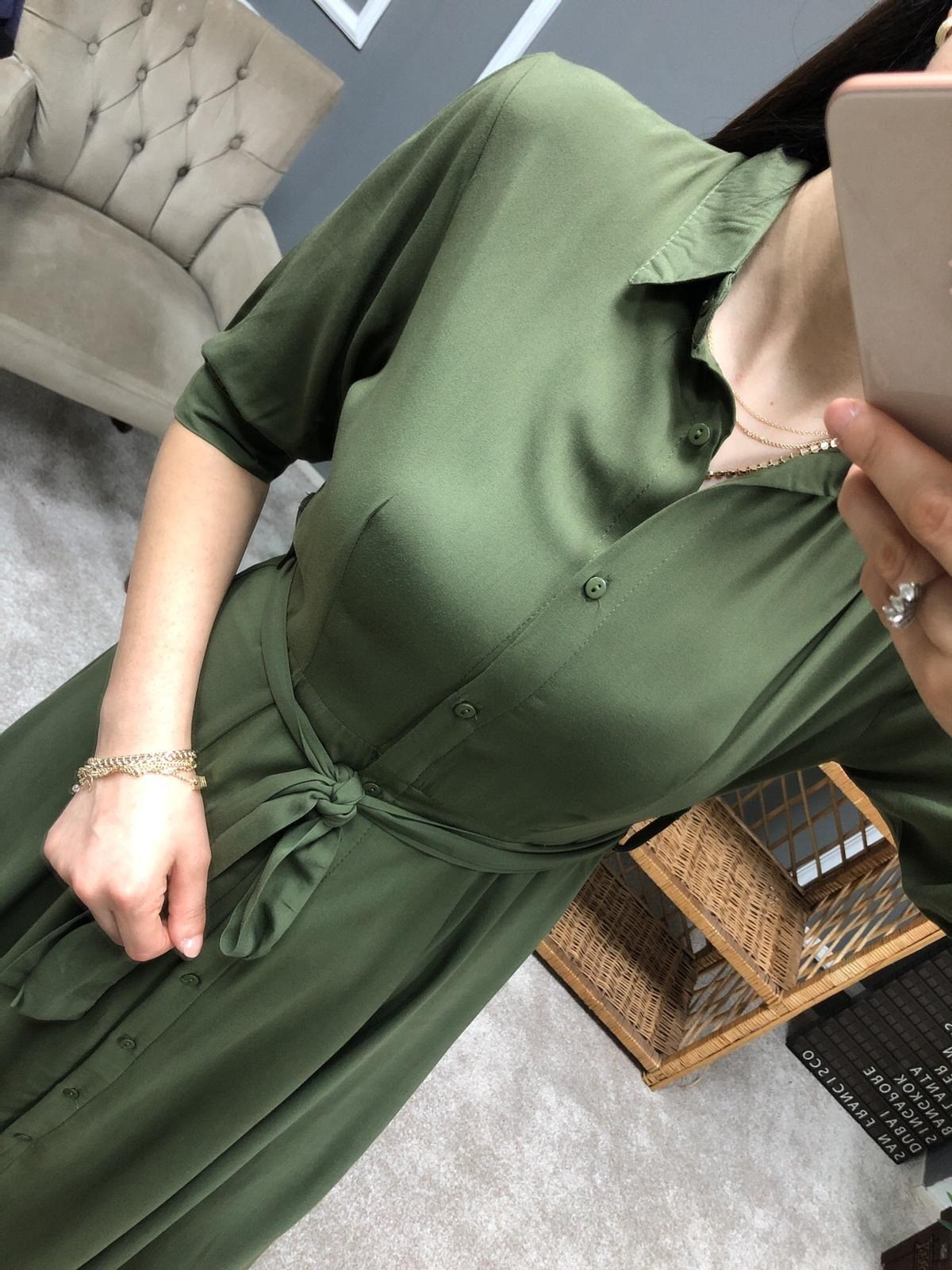 Uzun Düğmeli Gömlek Elbise-Haki