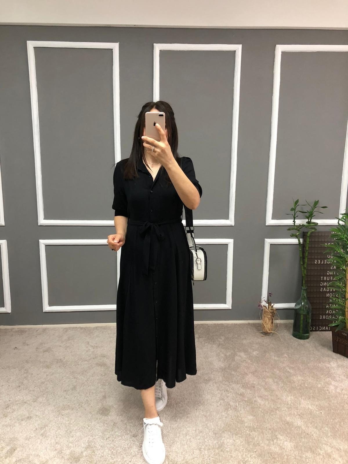 Uzun Düğmeli Gömlek Elbise-Siyah