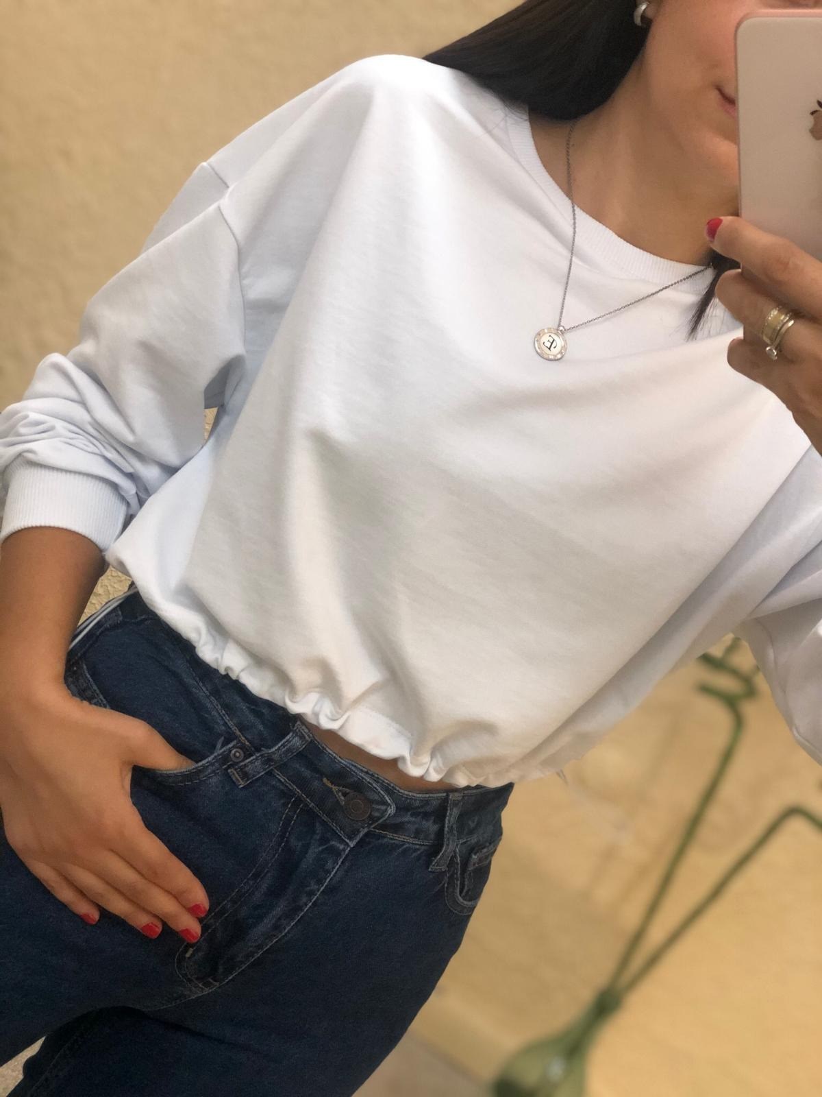 Uzun Kollu Alt Kısmı Lastikli Sweat-Beyaz