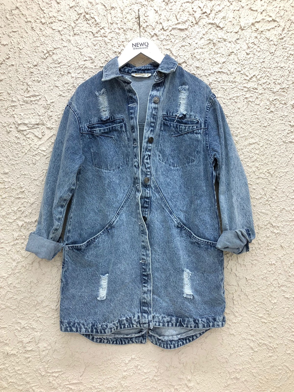 Uzun Yırtıklı Boyfrend Denim Ceket Gömlek-Mavi