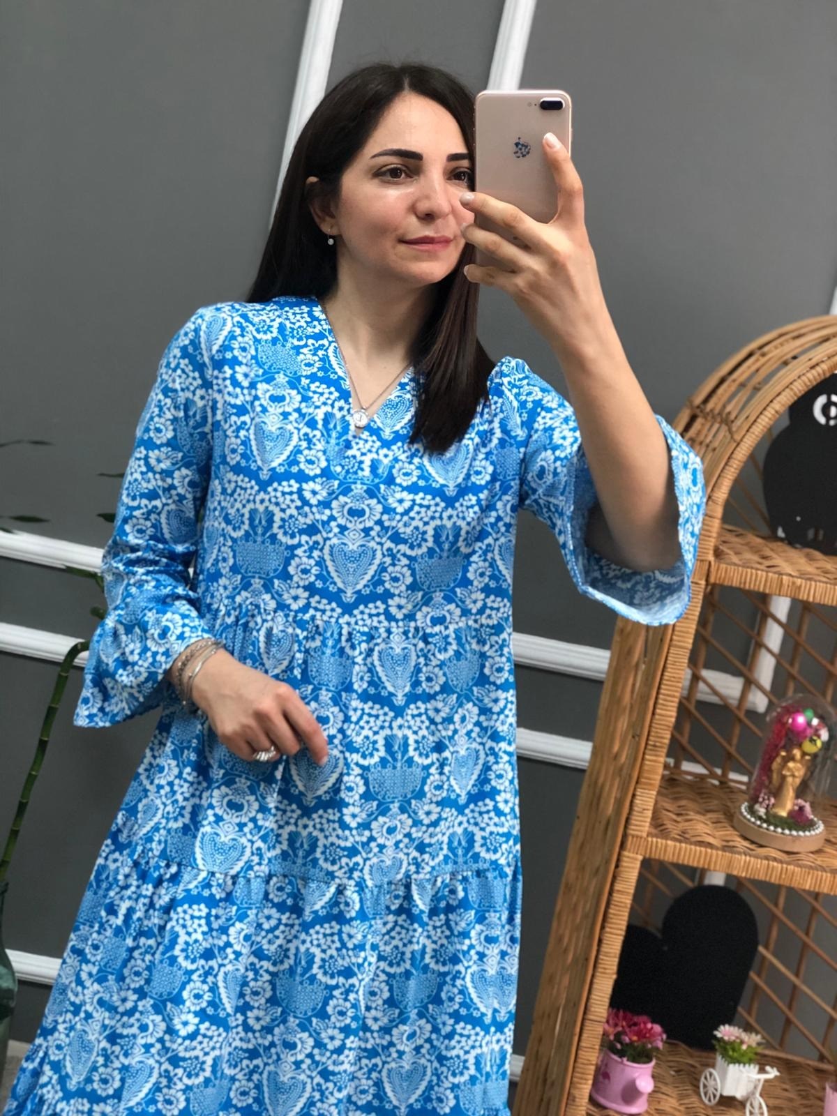 V Yaka Kapri Kol Uzun Elbise-Mavi