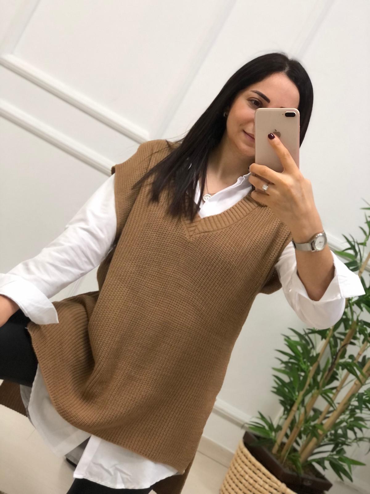 V Yaka Süveter-Camel