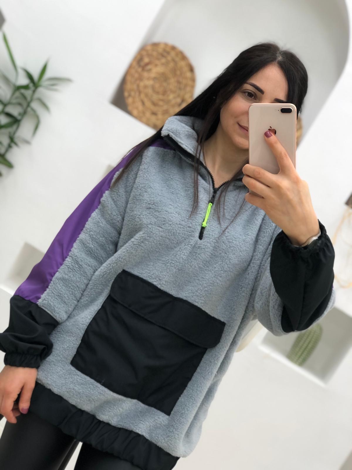 Yakası Fermuarlı Cepli Peluş Detaylı Sweatshirt-Gri