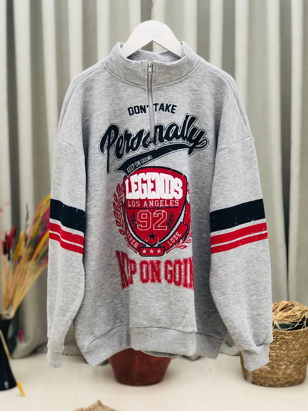 Yakası Fermuarlı İçi Şardonlu Kalın Kumaş Salaş Sweatshirt-Gri